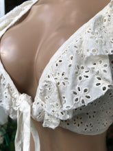 Load image into Gallery viewer, cream organic eyelet puff sleeve tied crop top ... S to M ,,,
