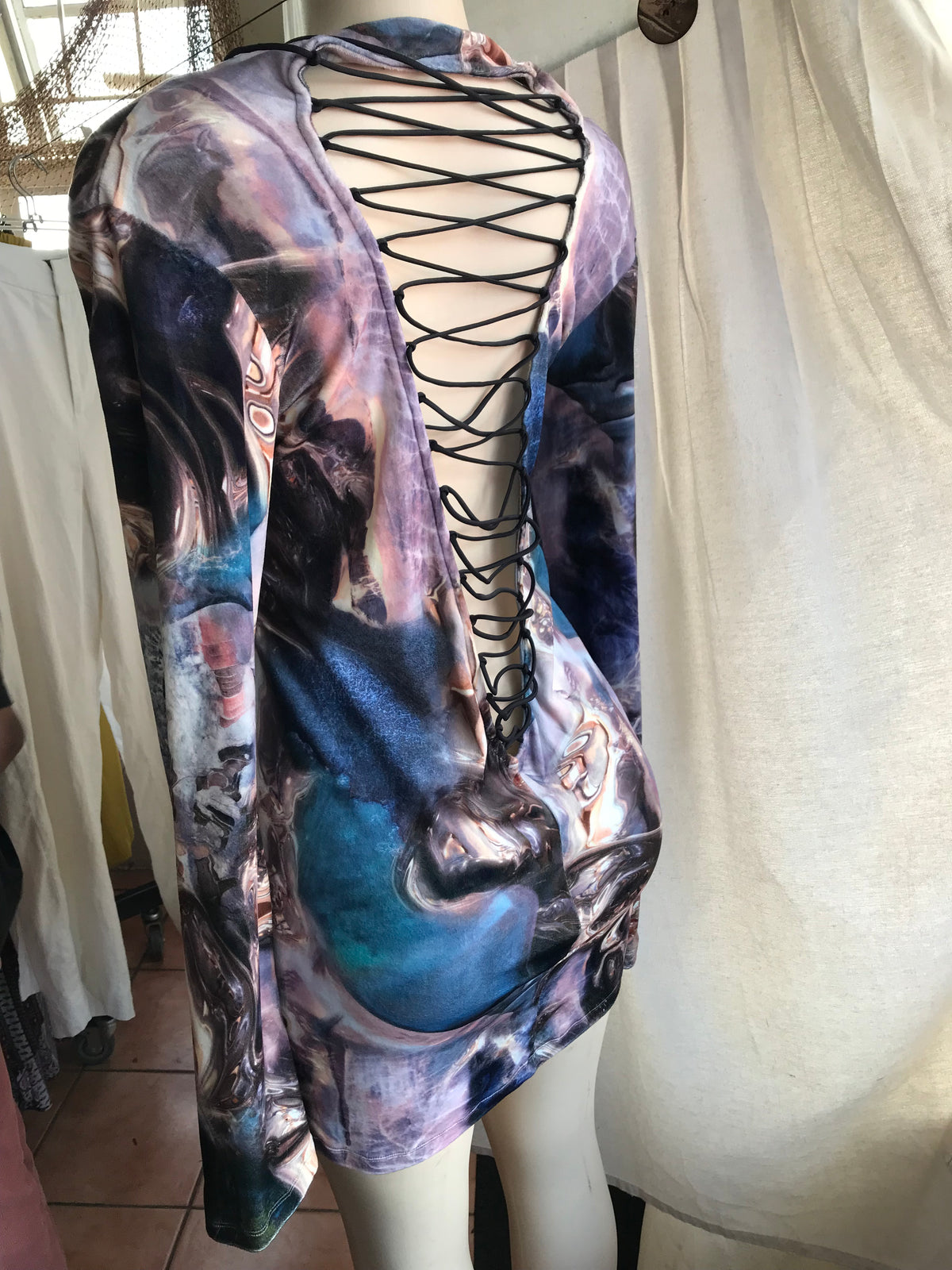 H&M outer space print velveteen lace up dress long sleeve . /XL