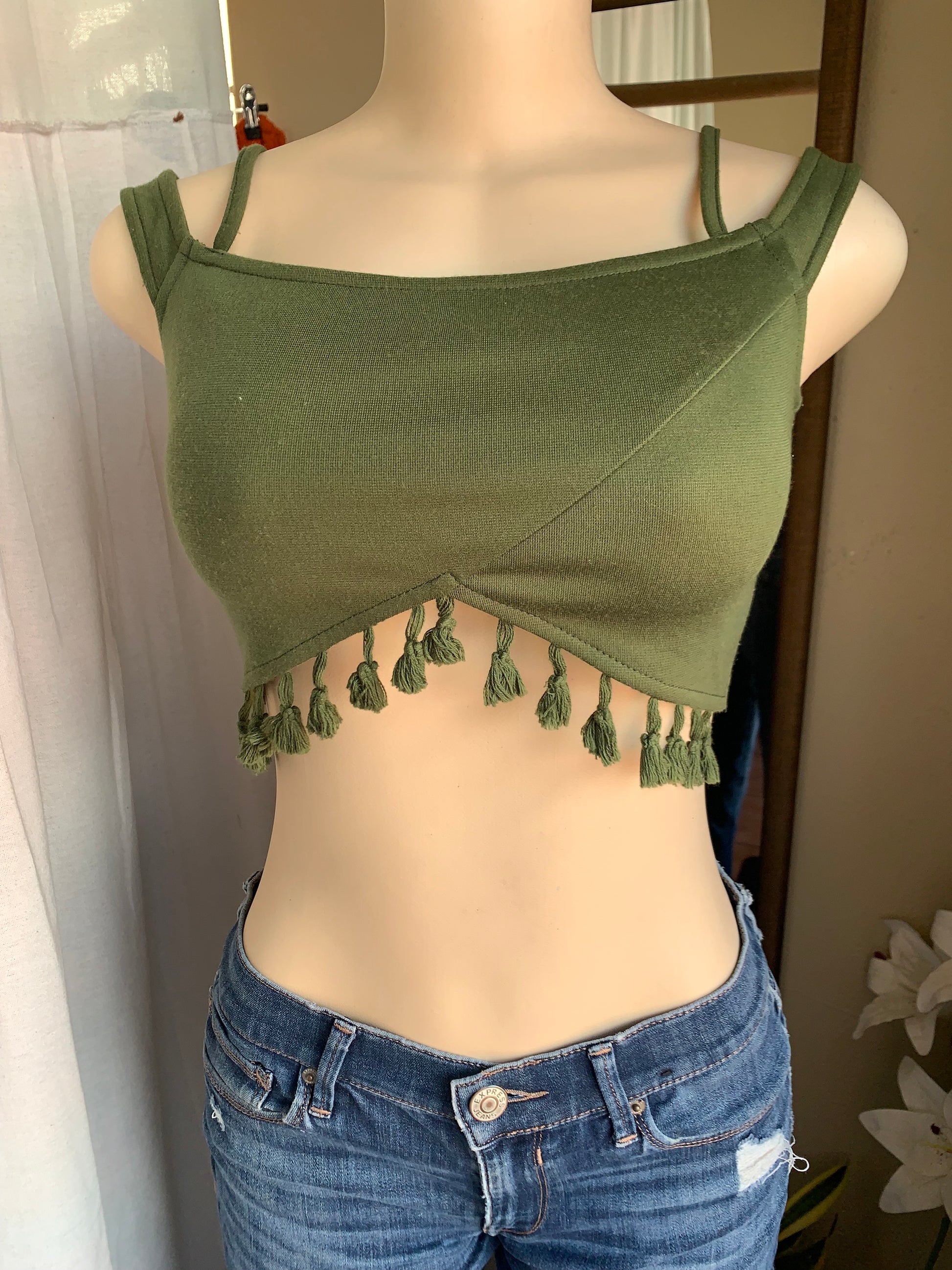 Olive green crop top with tassels detailing … s
