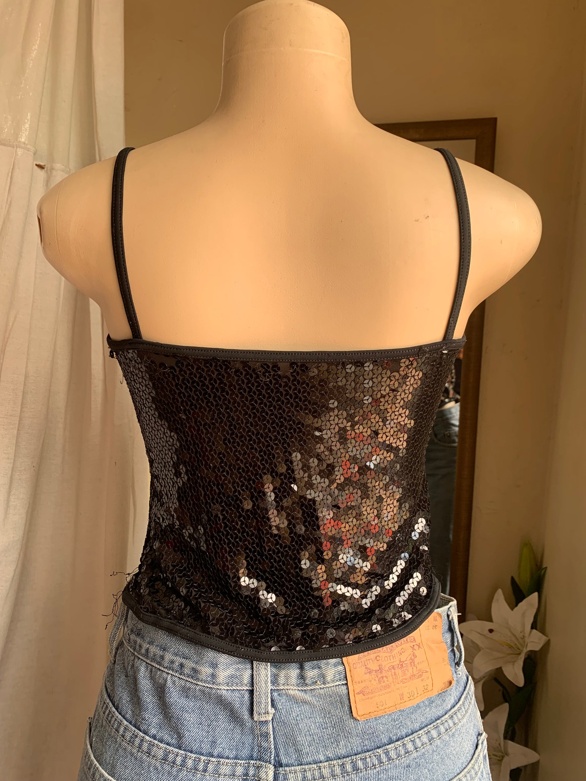 black sequin spaghetti top … M