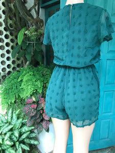 Green pom polka sheer romper pockets ~~~ Slll