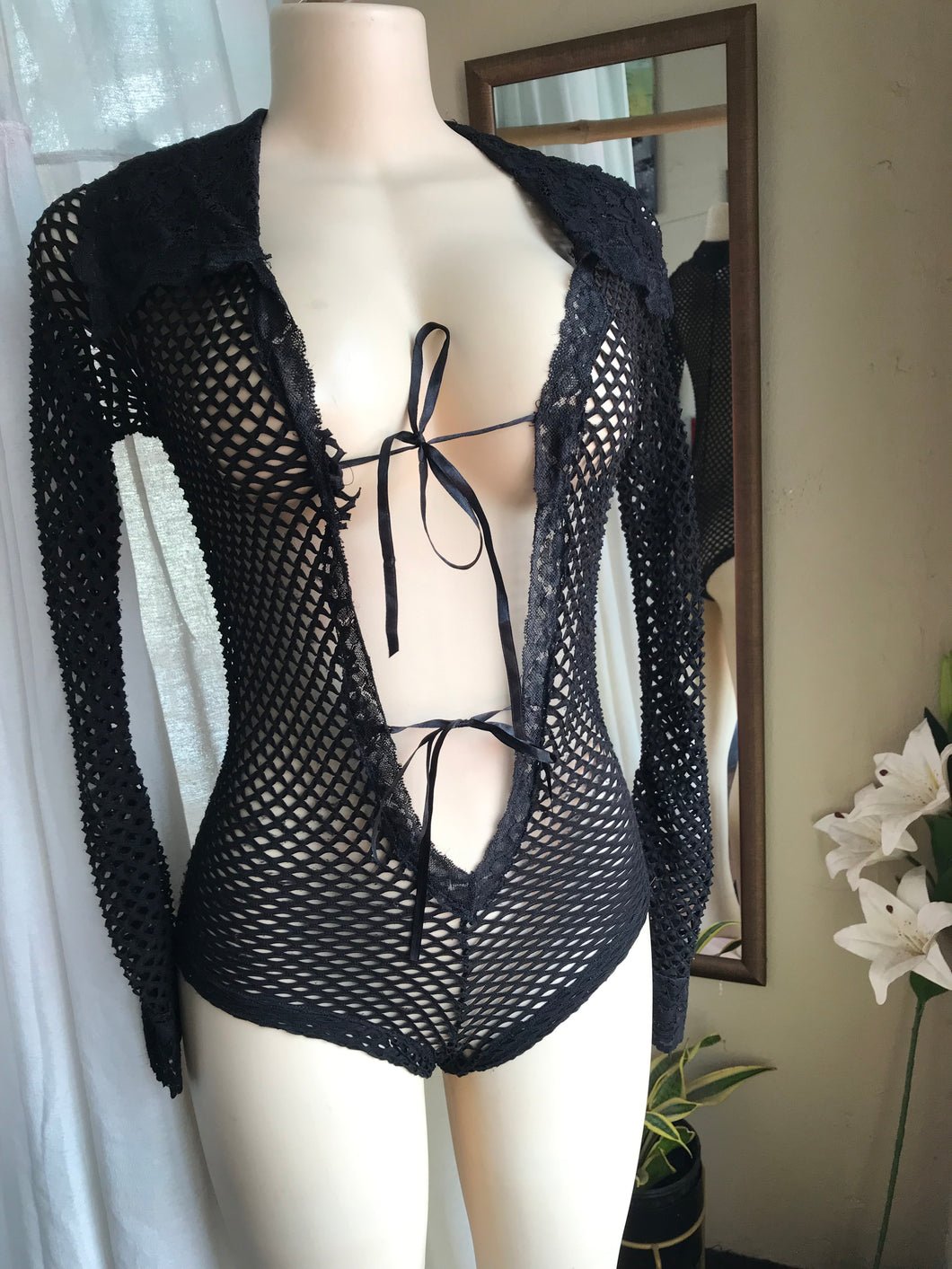 Black large mesh long sleeve bodysuit one size