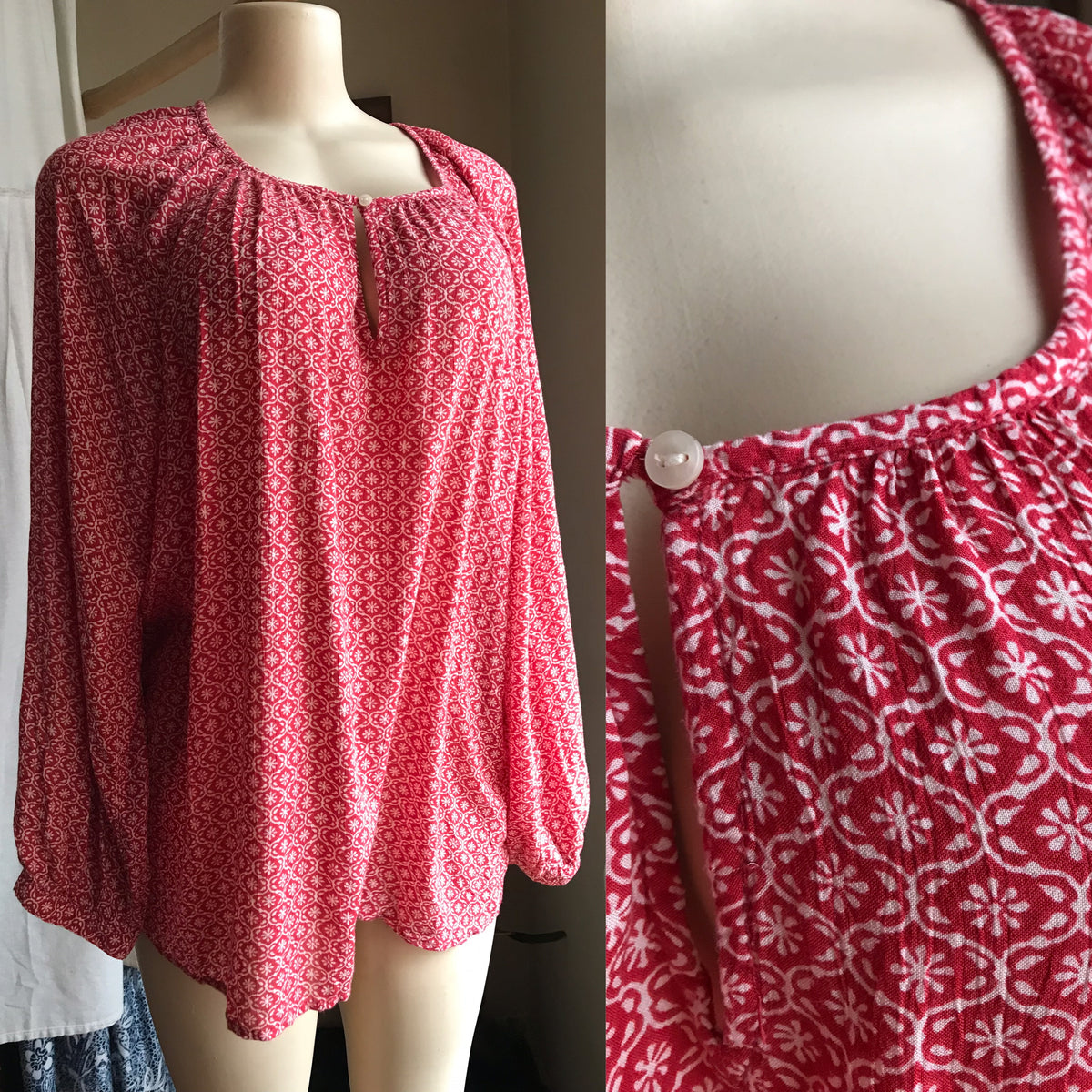 old navy red fine flower print long sleeve top semi organic ... /xl ,,,