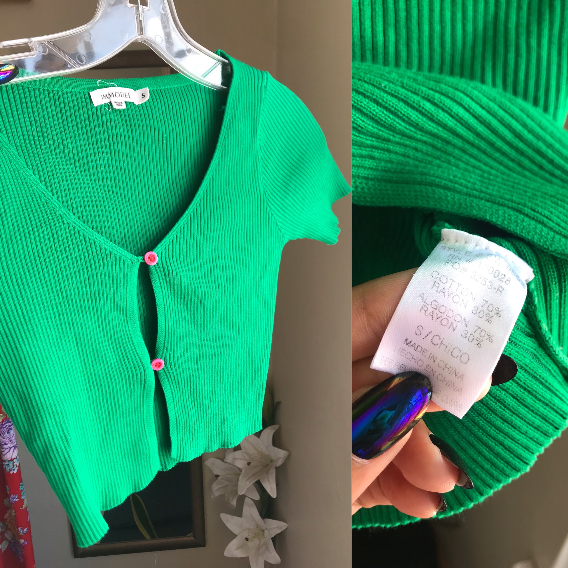 peekaboo bright green ribbed crop top cotton blend ,,, s