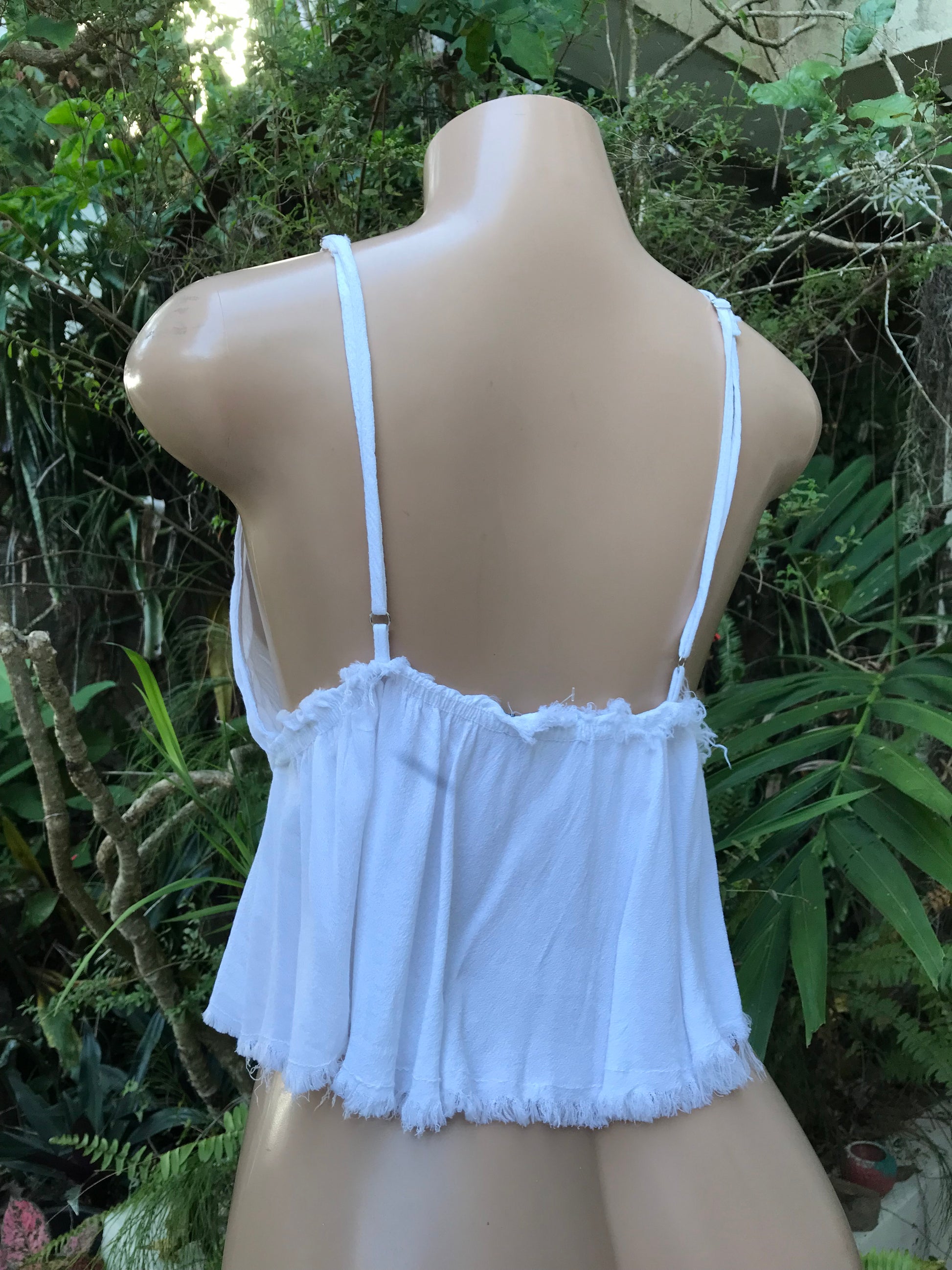 Brandy Melville white boho fringe spaghetti blouse… one size . S to large/ plus . cotton blend ,,,