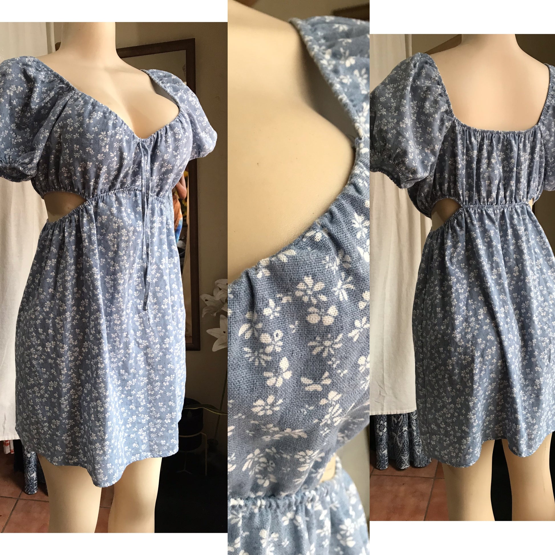 blue linen blend ditsy floral summer cutout mini dress . s to M ,,,