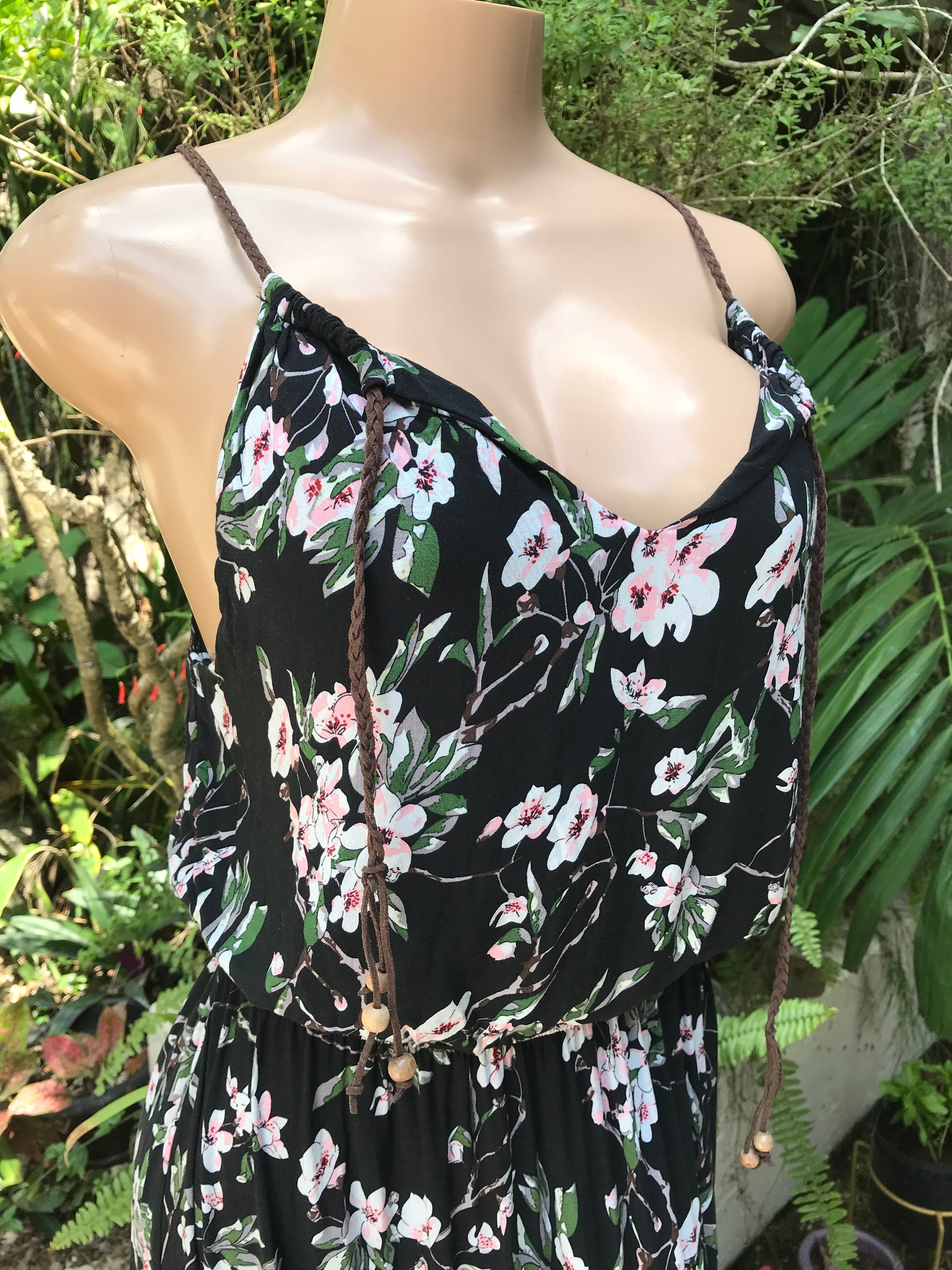 black floral sunday maxi dress with leather straps  . s to m