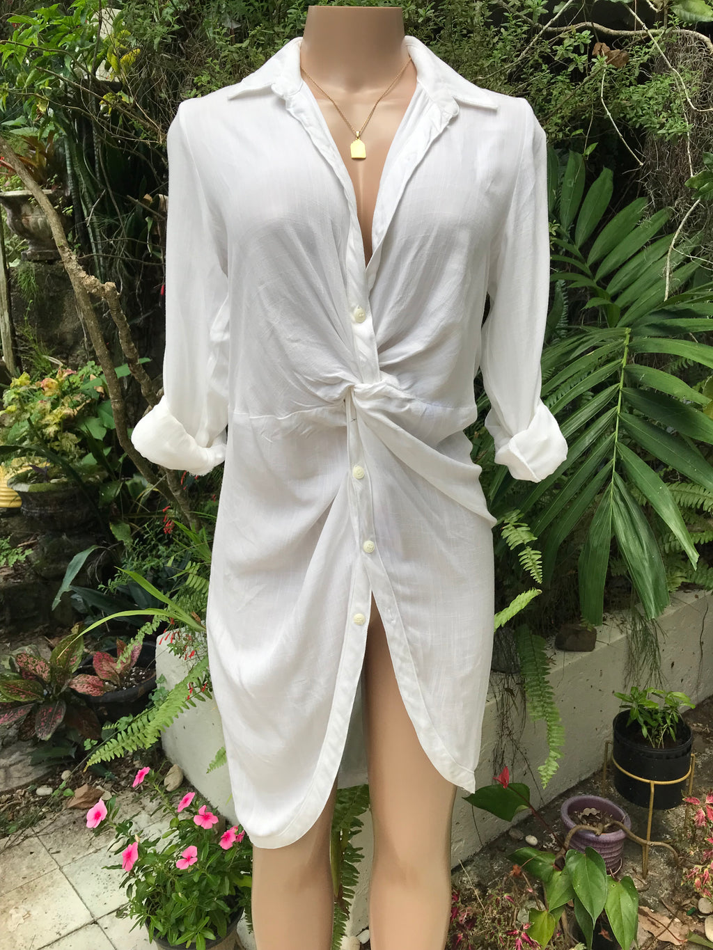 White Rayon Button Ruche Shirt Dress Cuffed . S to M