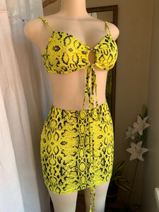 Yellow snake print two piece skirt set s