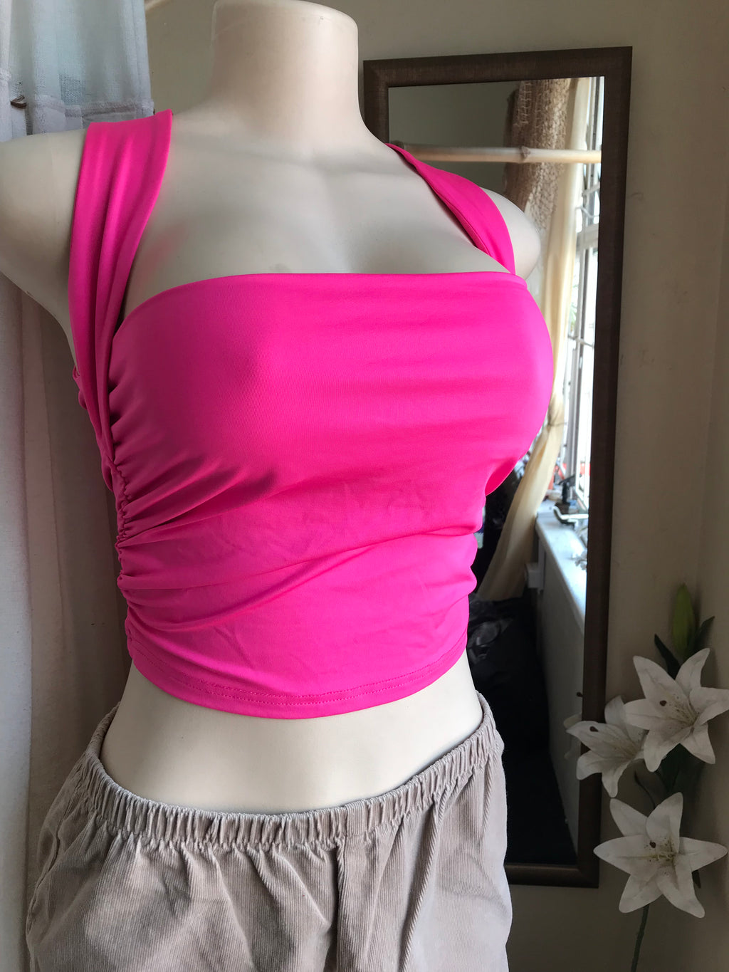 hot pink crop top square neck stretchy s to m