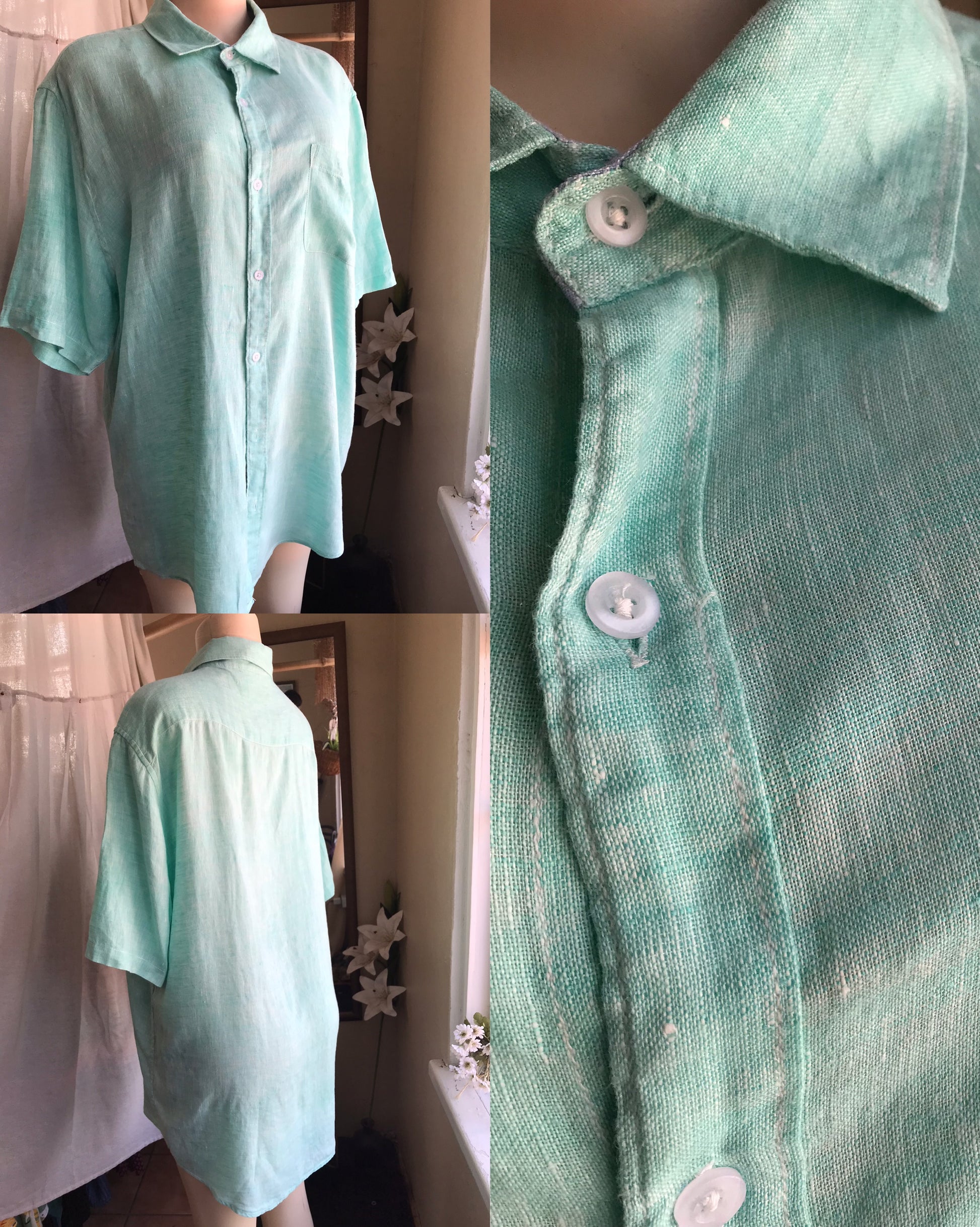 linen light blue mens button shirt short sleeve ,,, /xl