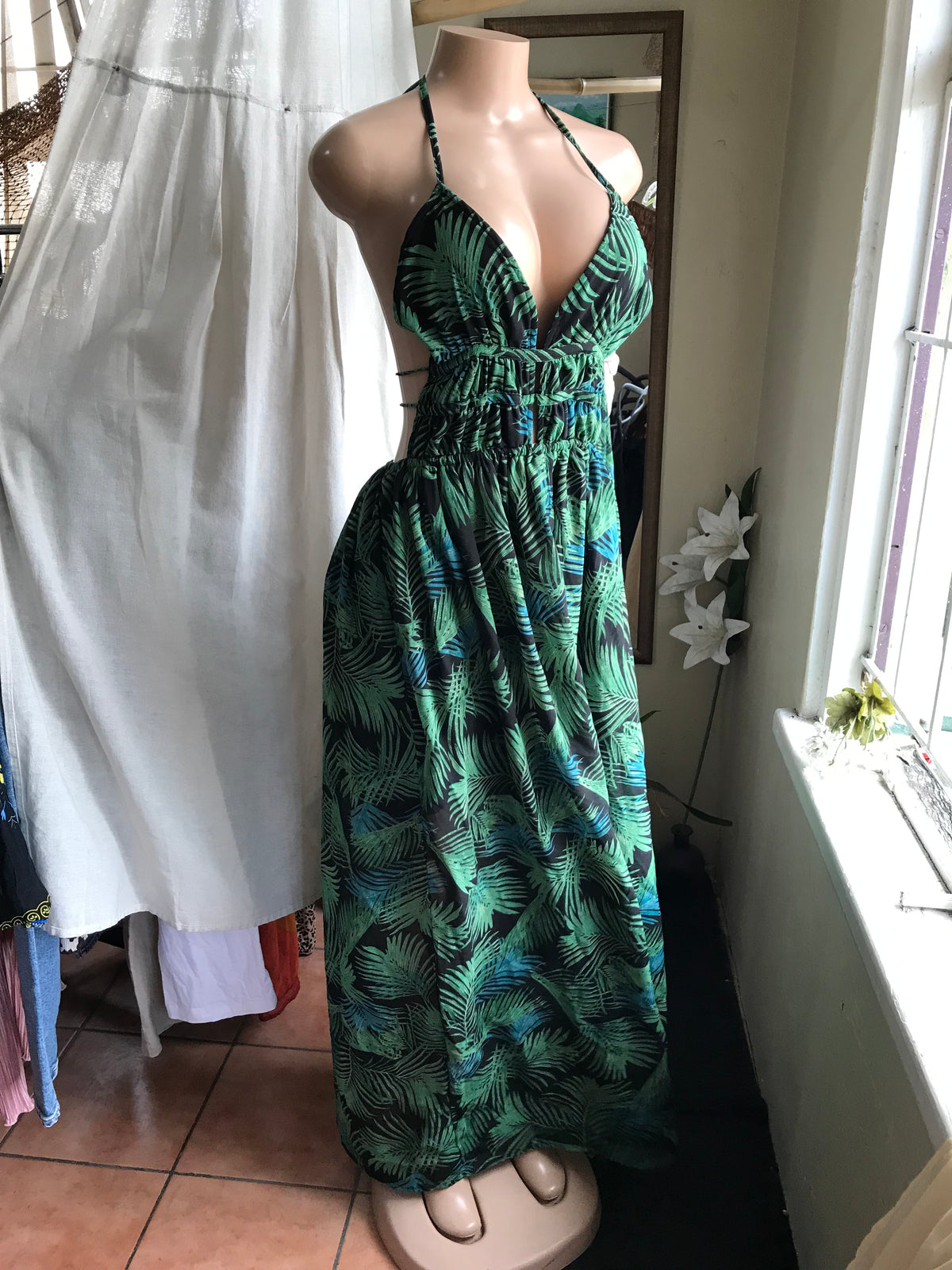 green palm backless maxi dress with slit . M to L