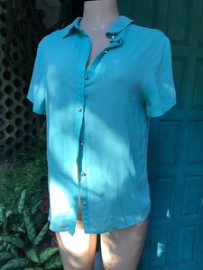 mint green button sheer work blouse ... m/L