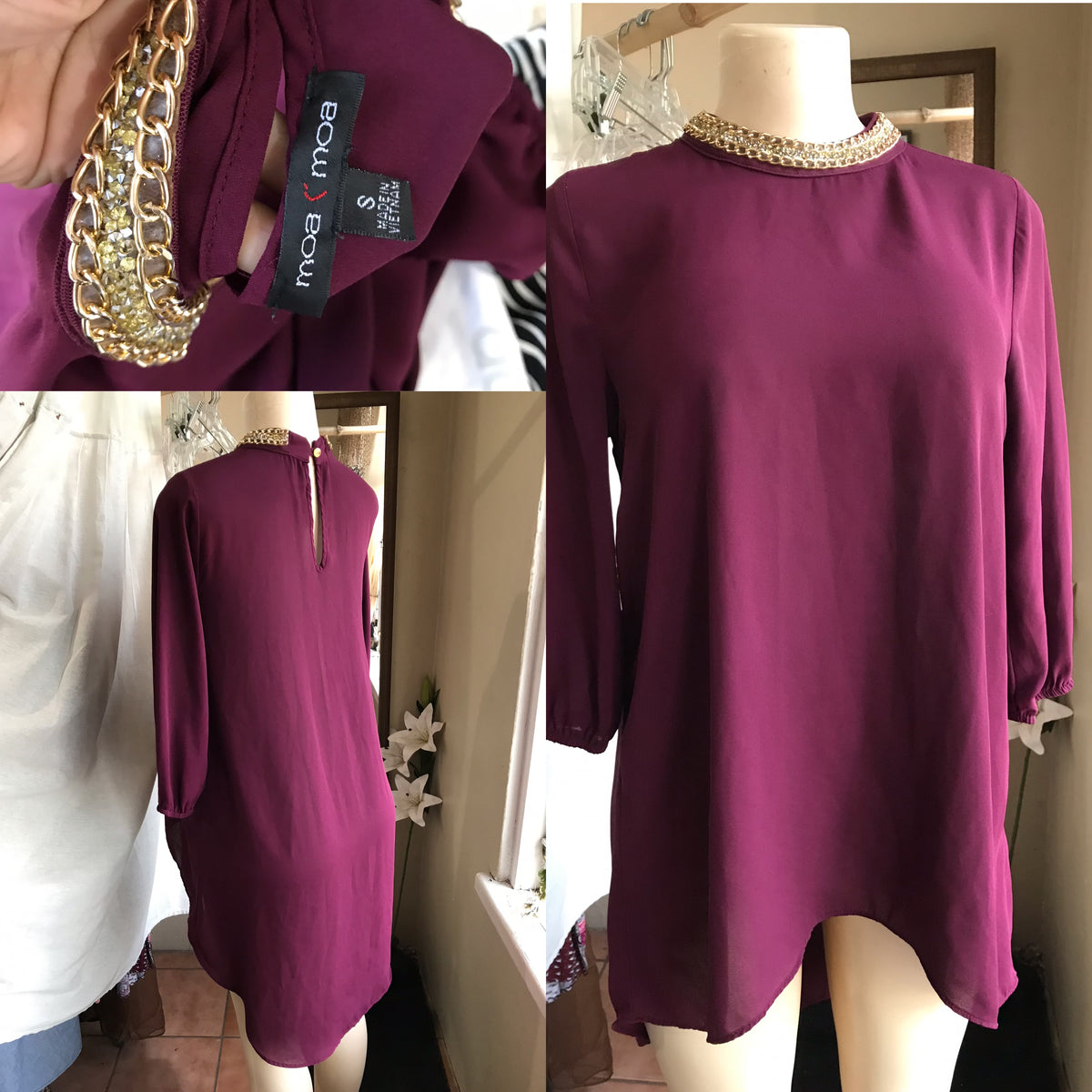 Maroon sheer blouse neck chain detail high low ... M