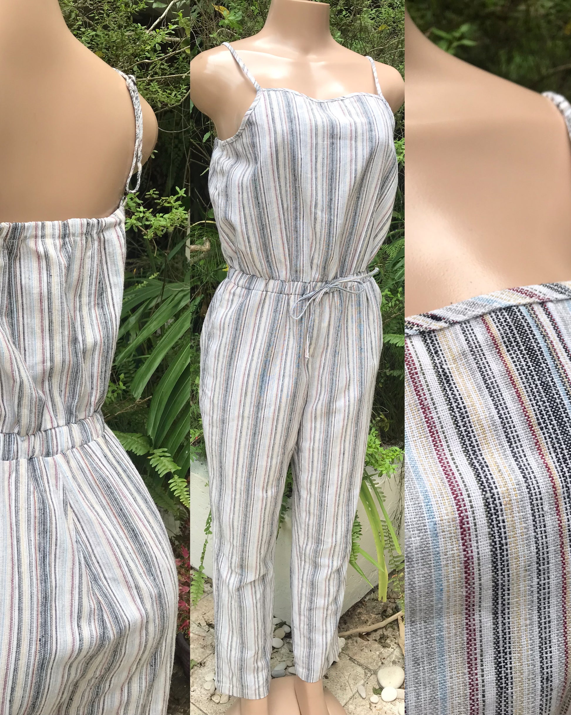 organic blend pastel stripe jumpsuit spaghetti ~~~ M ,,,