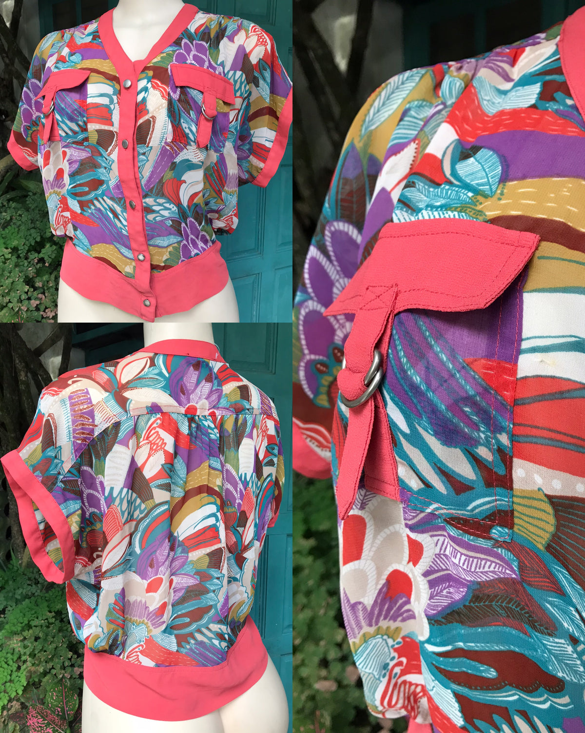 coral fun print sheer short sleeve blouse ... s/m