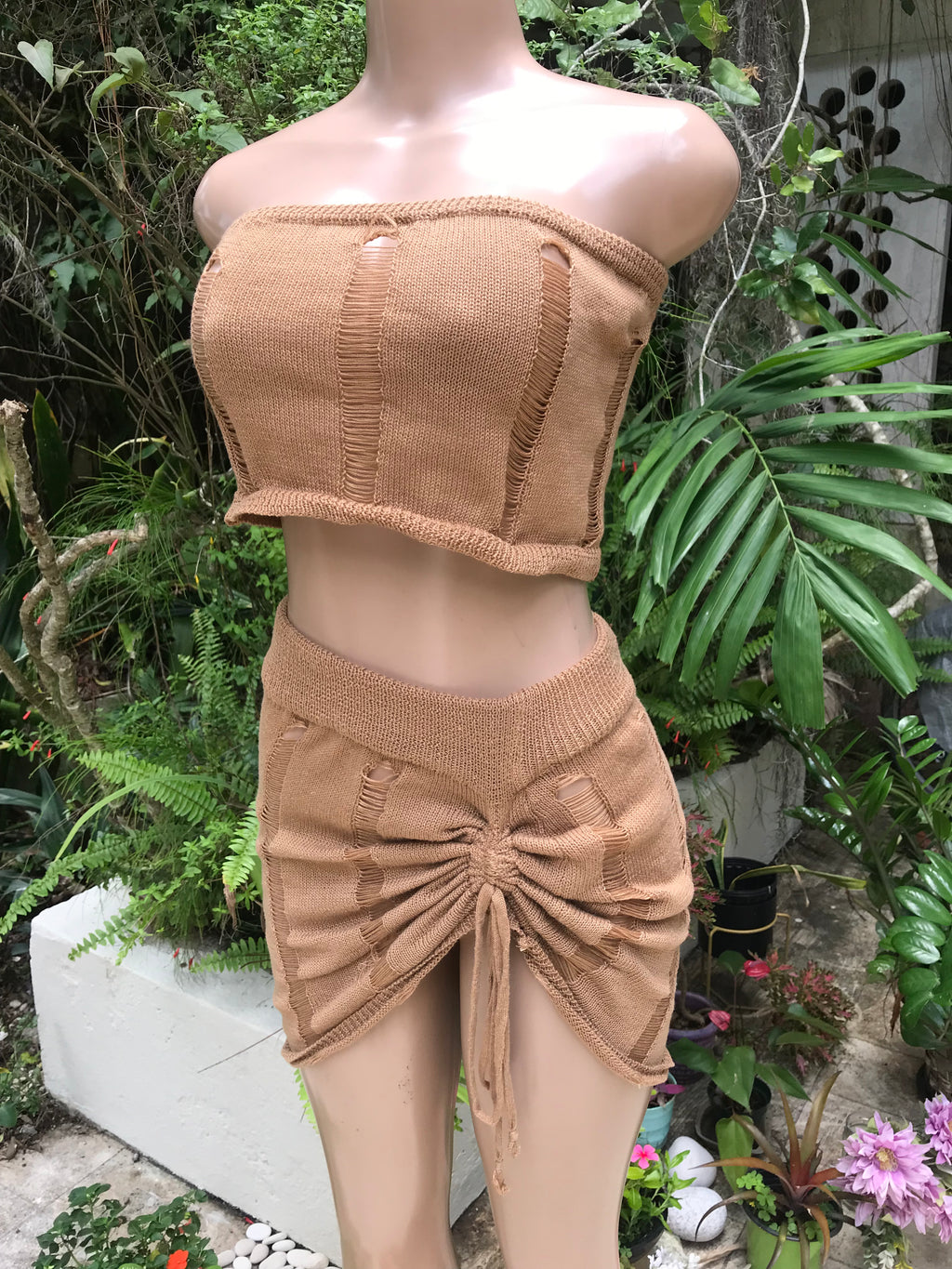 Brown knit ruche skirt set - L / XL plus