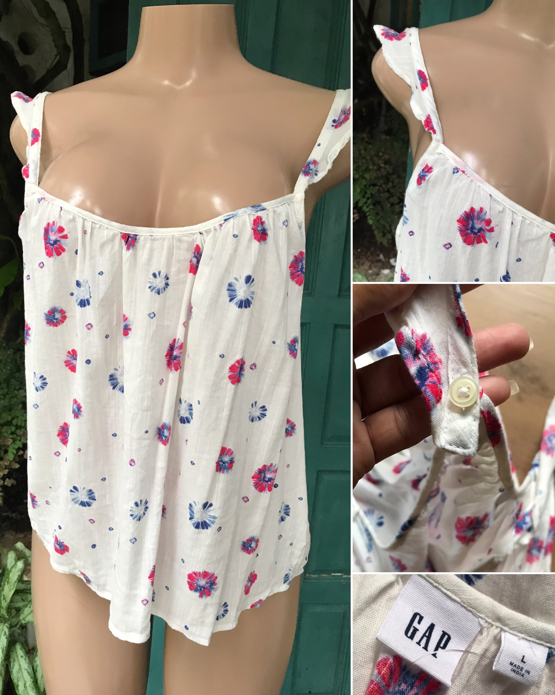 GAP 100% cotton white floral spaghetti frill flounce top ... Large ,,,