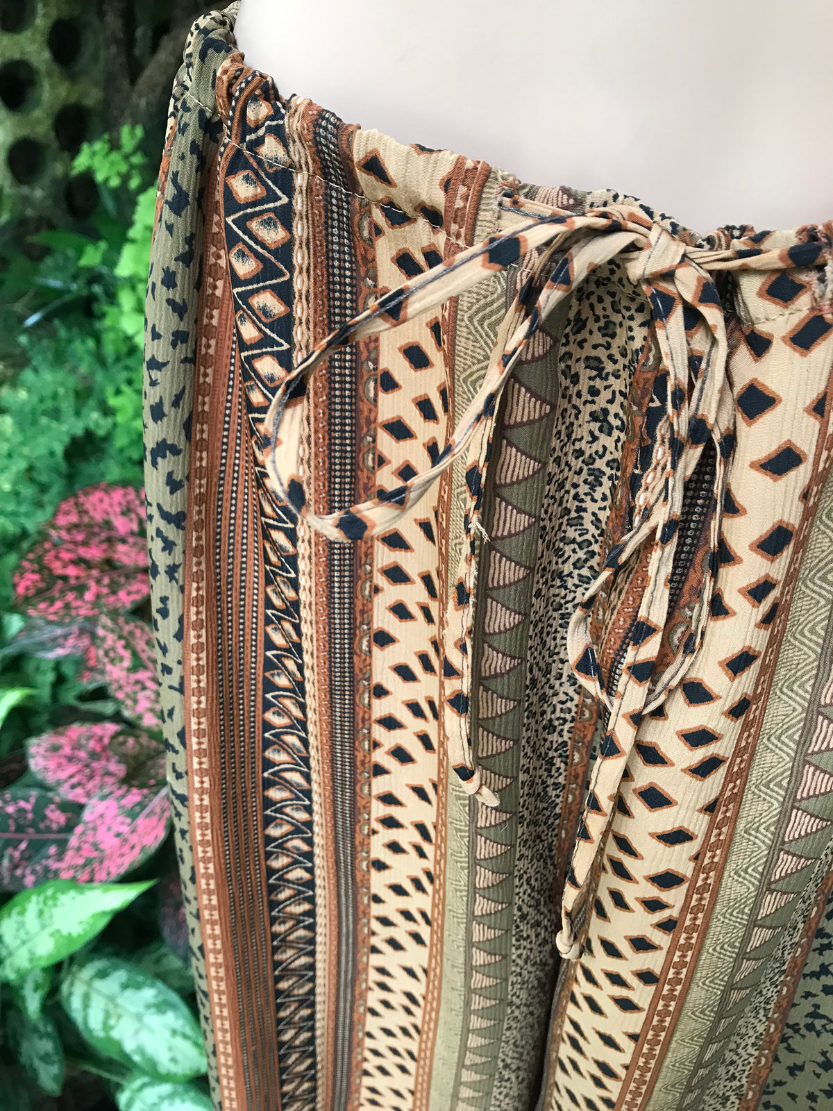 vintage Brown multi pattern draw string loose pants ::: one size fits most
