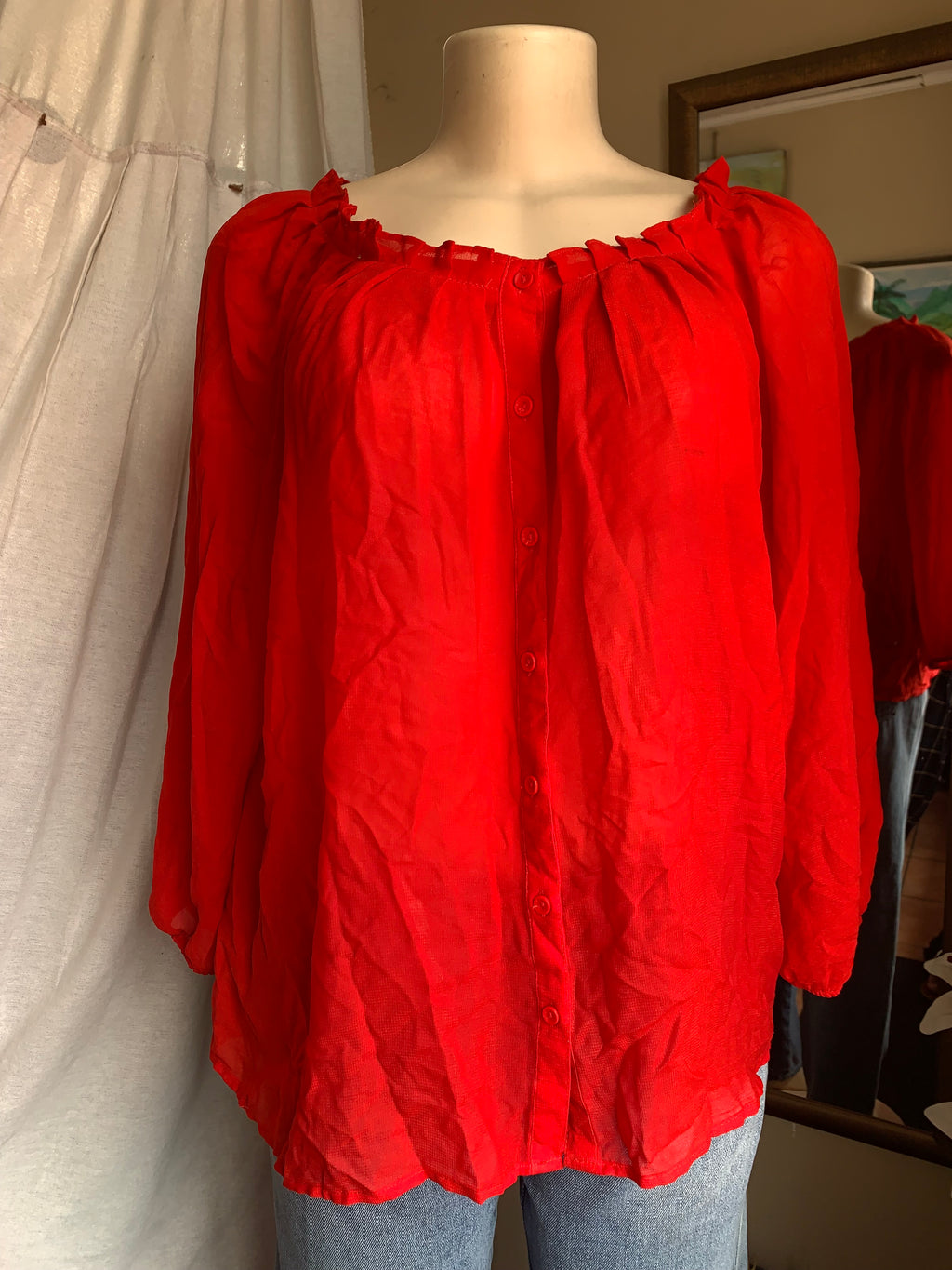 red sheer ruffle neck long sleeve top … US 12 /XL