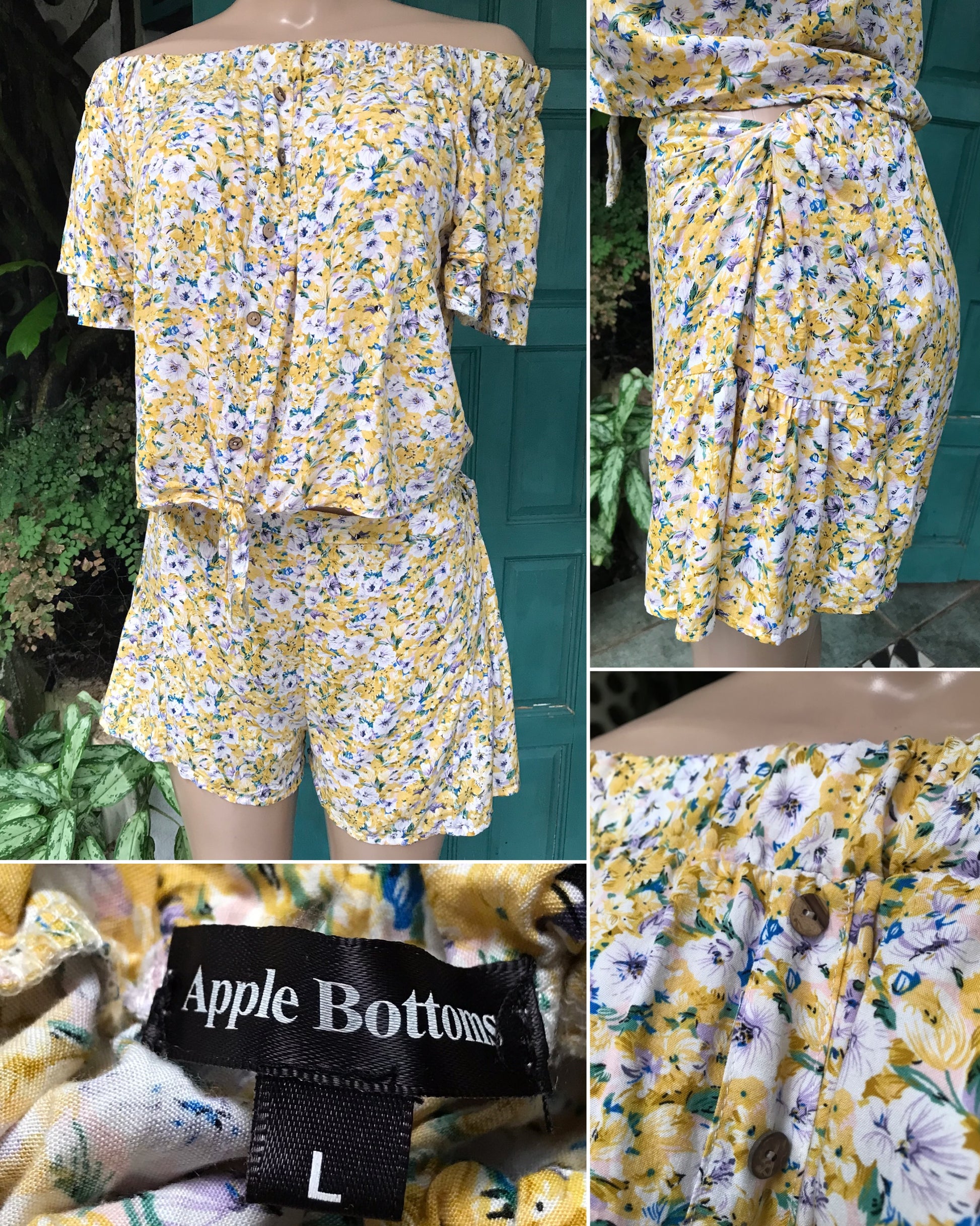 Yellow floral summer shorts set L