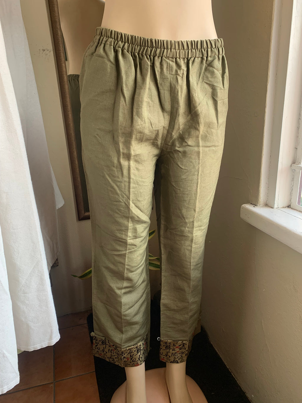 Cotton olive green straight leg pants oriental detail ankles ::: L,,,