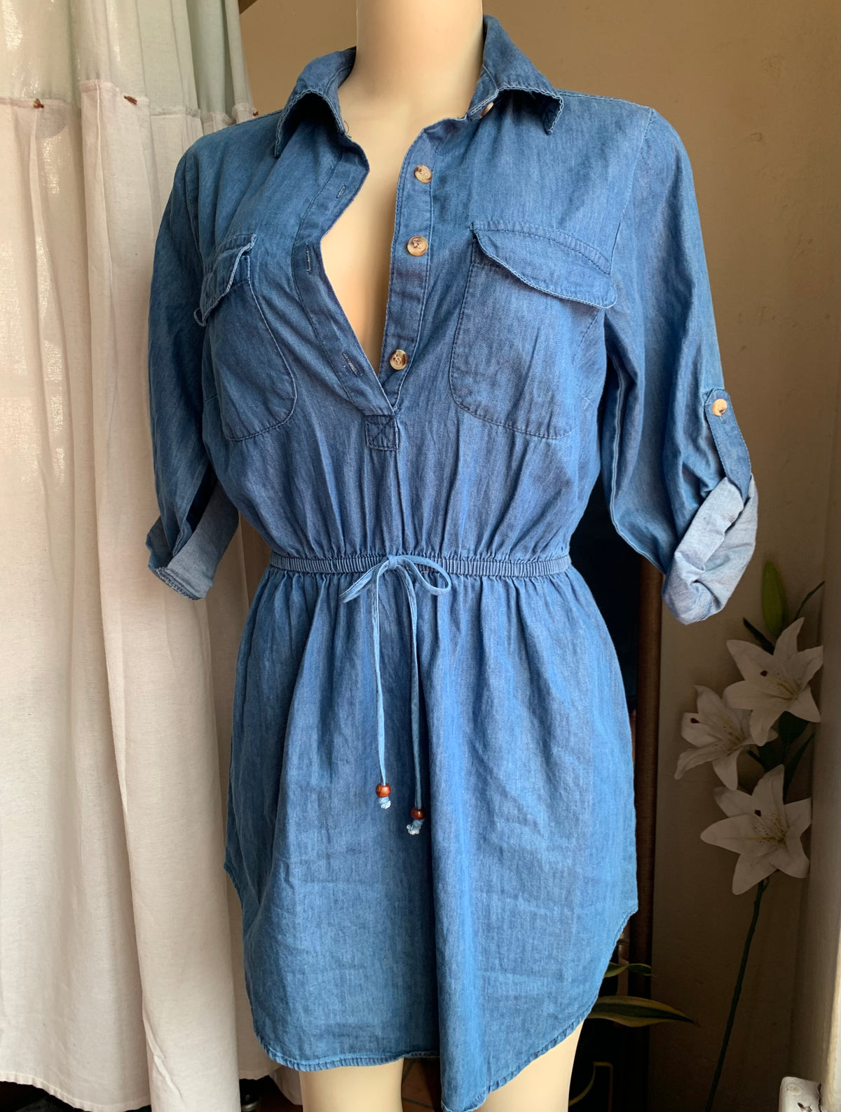 Denim shirtdress with elastic waistband s