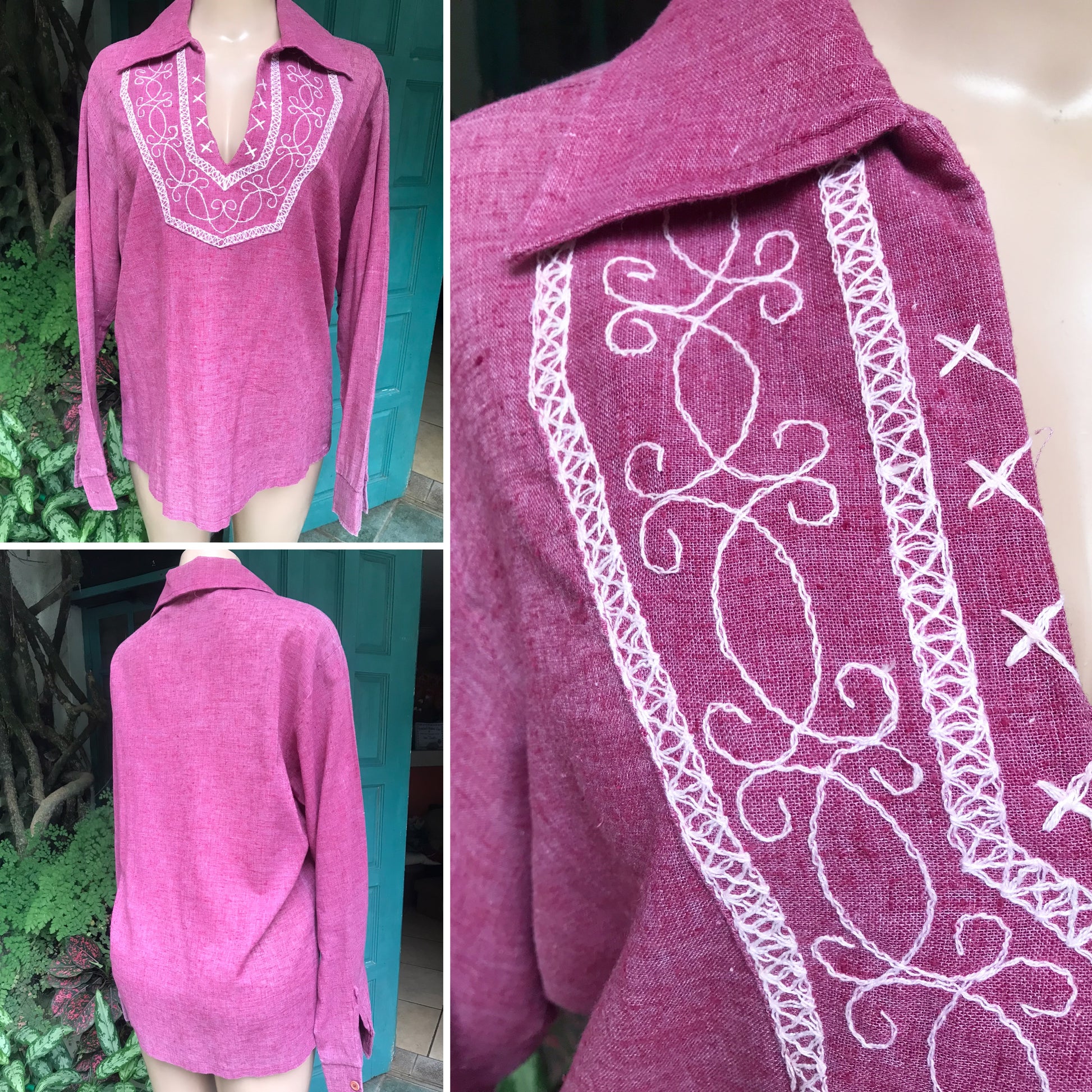 vintage maroon organic embroidery blouse ,,, /XL ^^^
