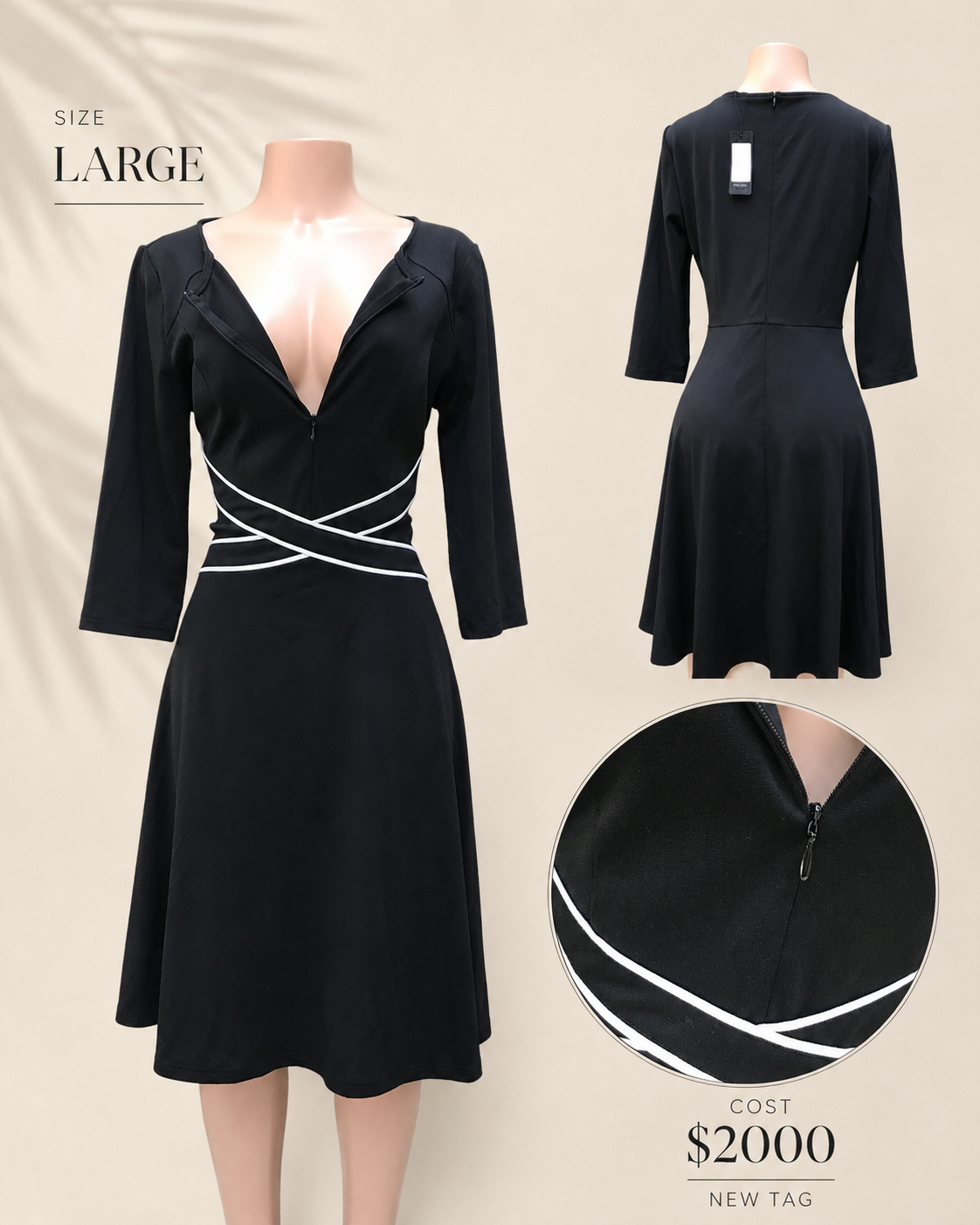 black mid sleeve professional dress white trim . Large