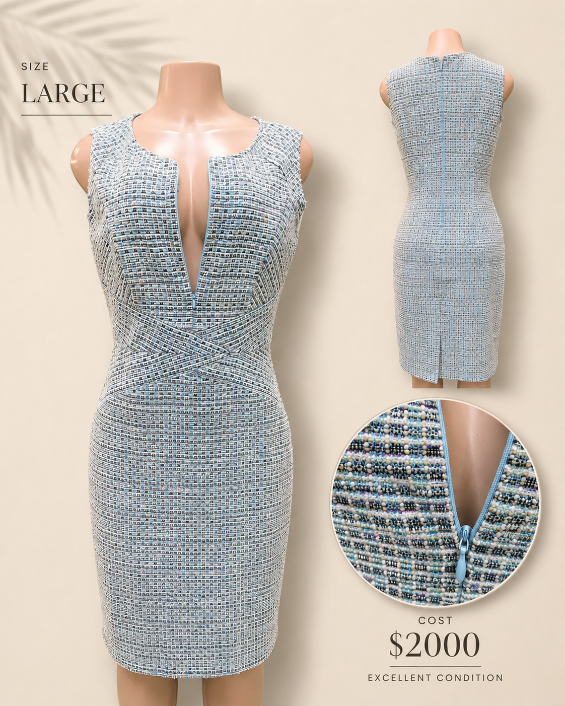 tweed professional sleeveless zip front dress fitted L