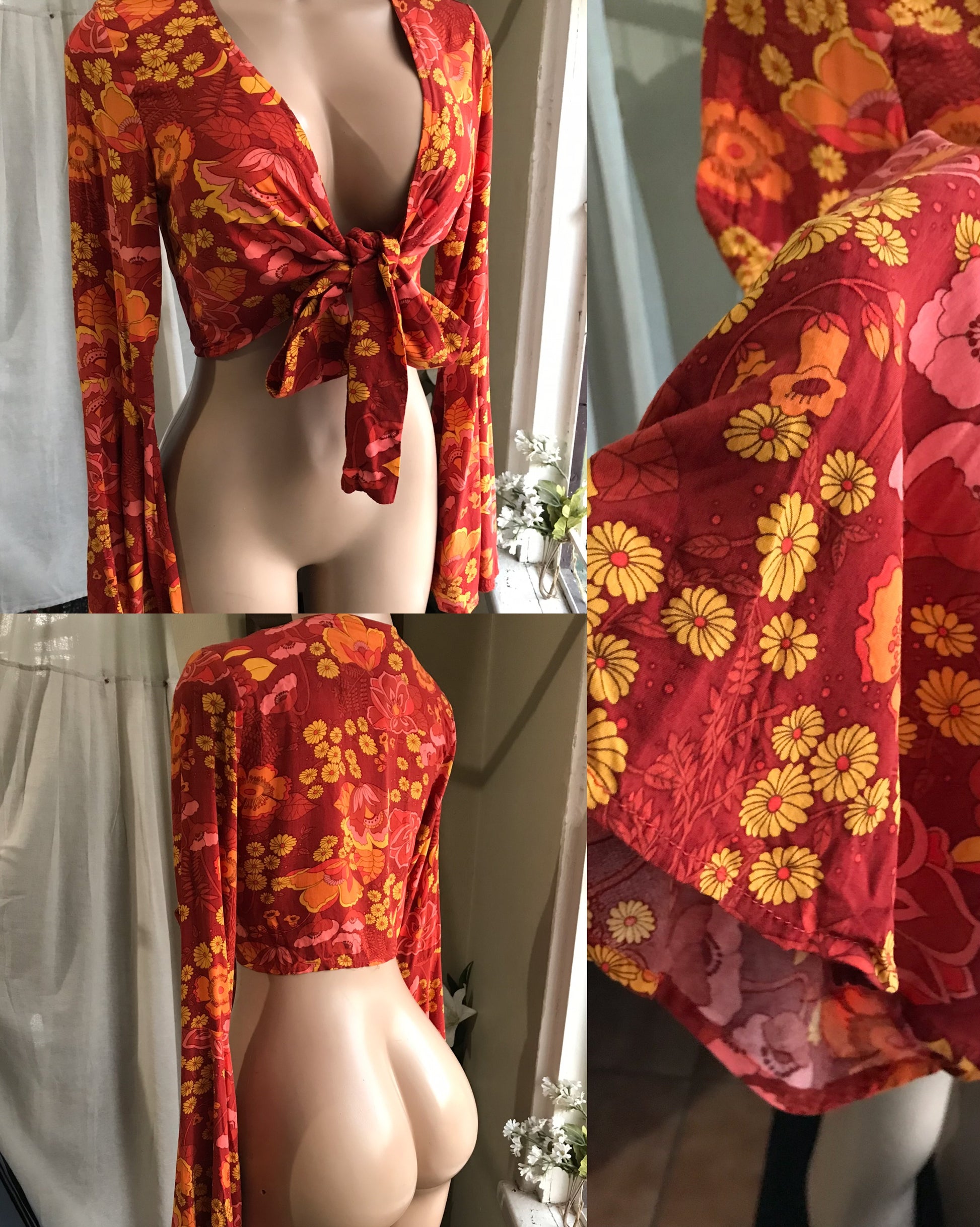 cider retro print bell sleeve crop top rust ... m