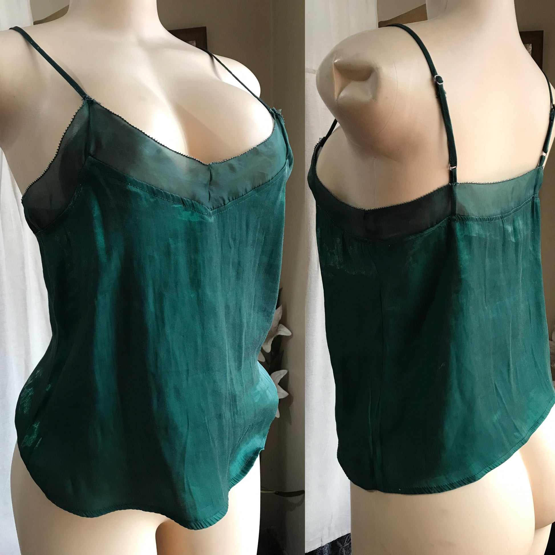 emerald green silky spaghetti blouse / cami sheer trim ... m