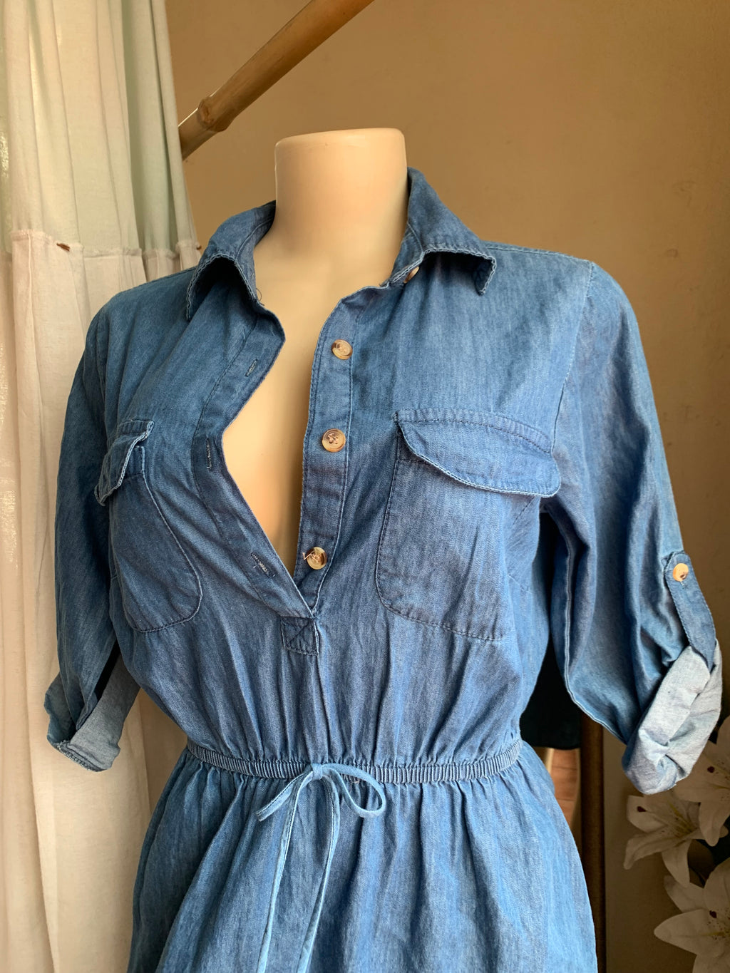 Denim shirtdress with elastic waistband s