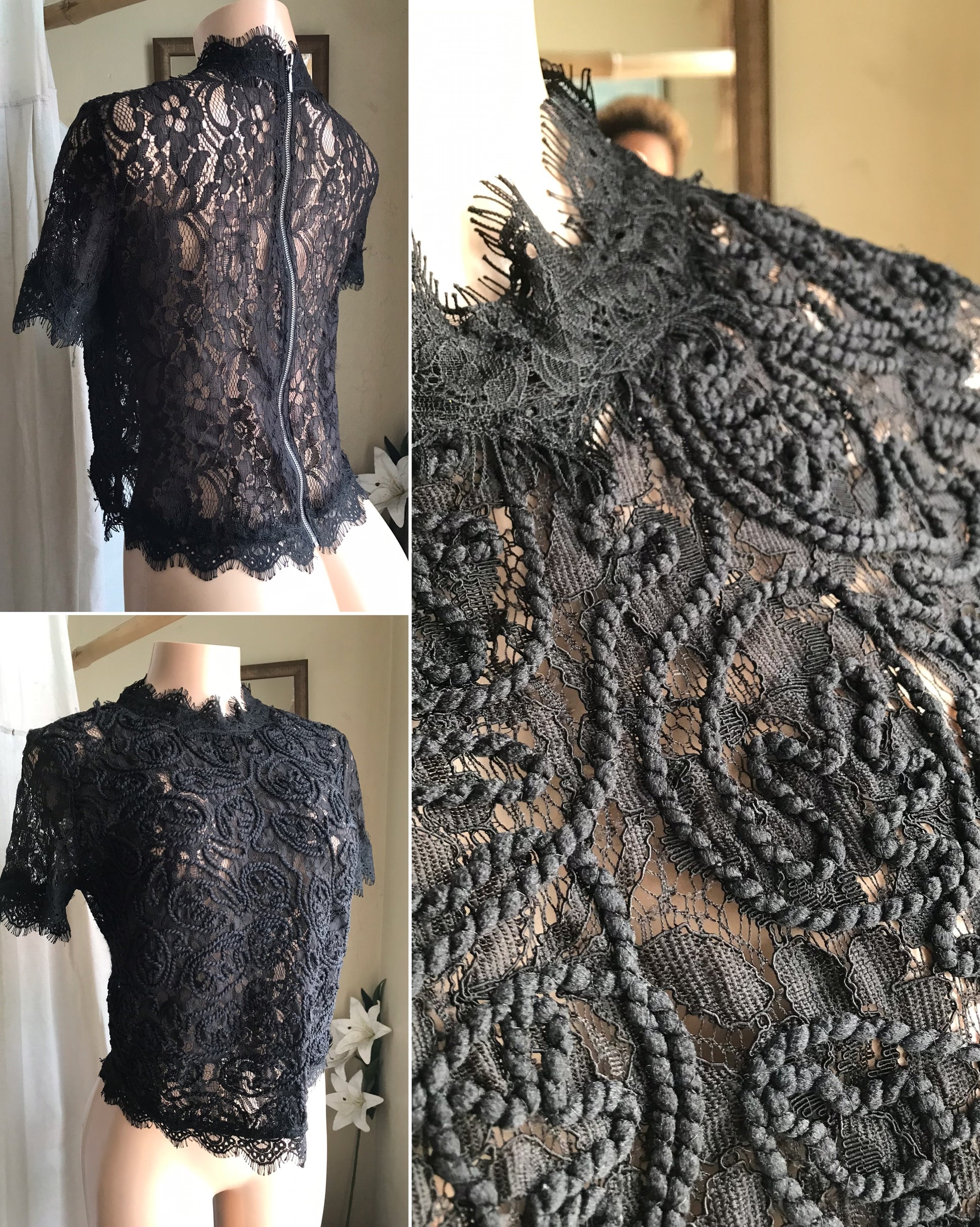 zara black squiggle lace high neck zip back top ... m