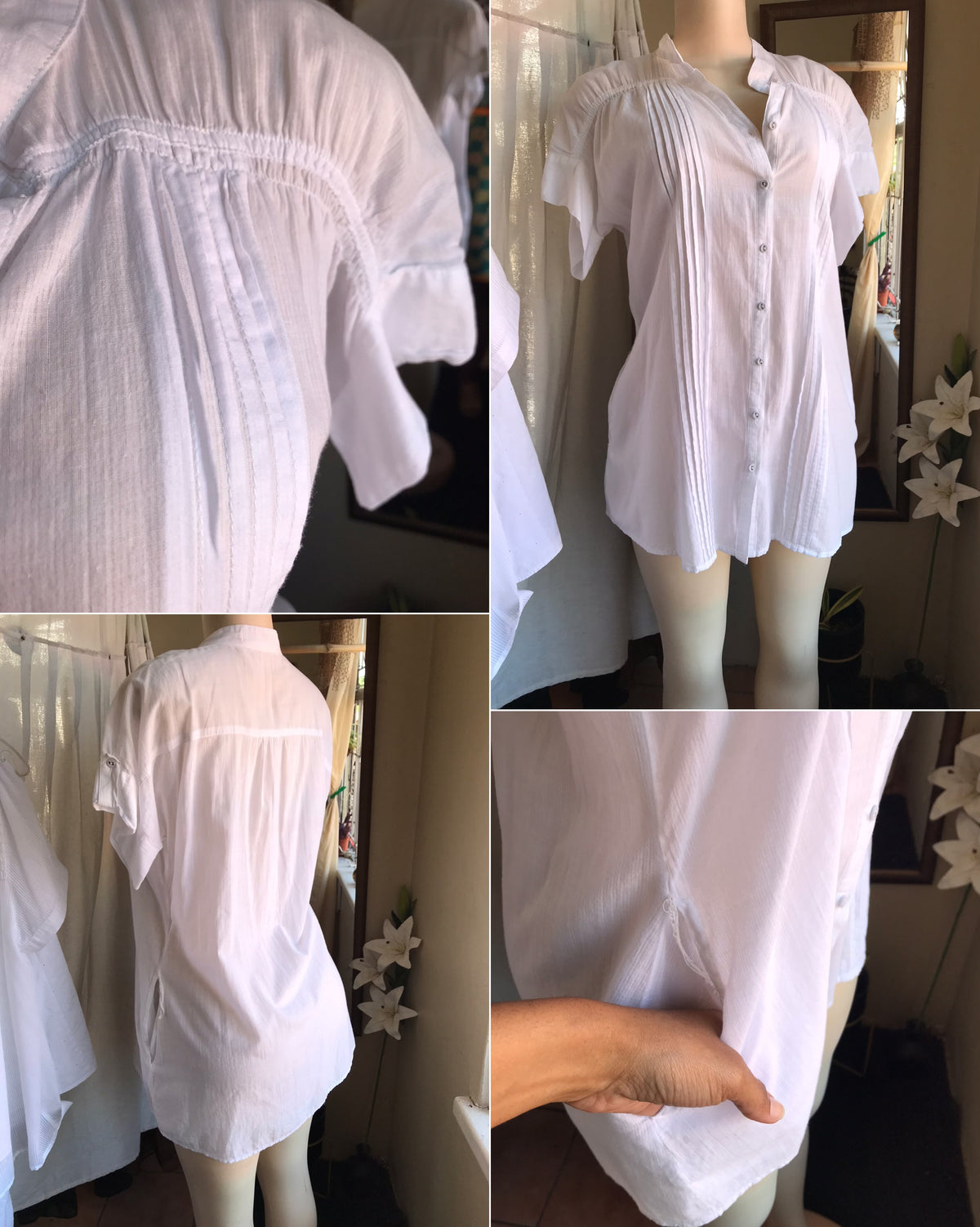 Organic white pleat top / mini dress with pocket  ,,, L ...