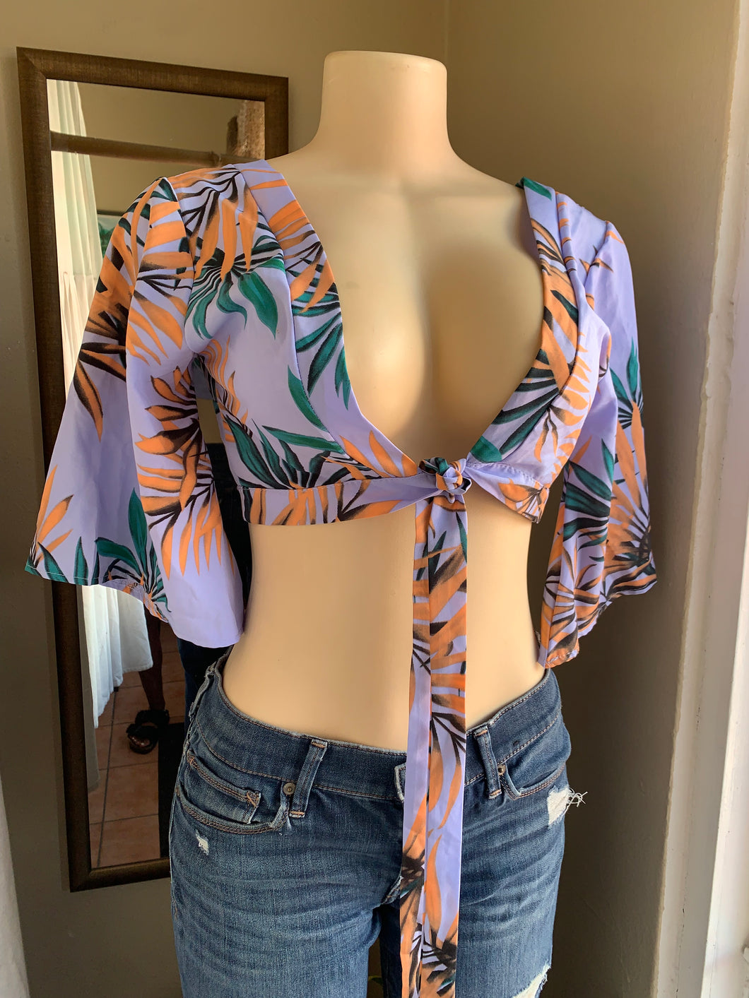 Purple/ blue palm printed crop top with front tie … s/m