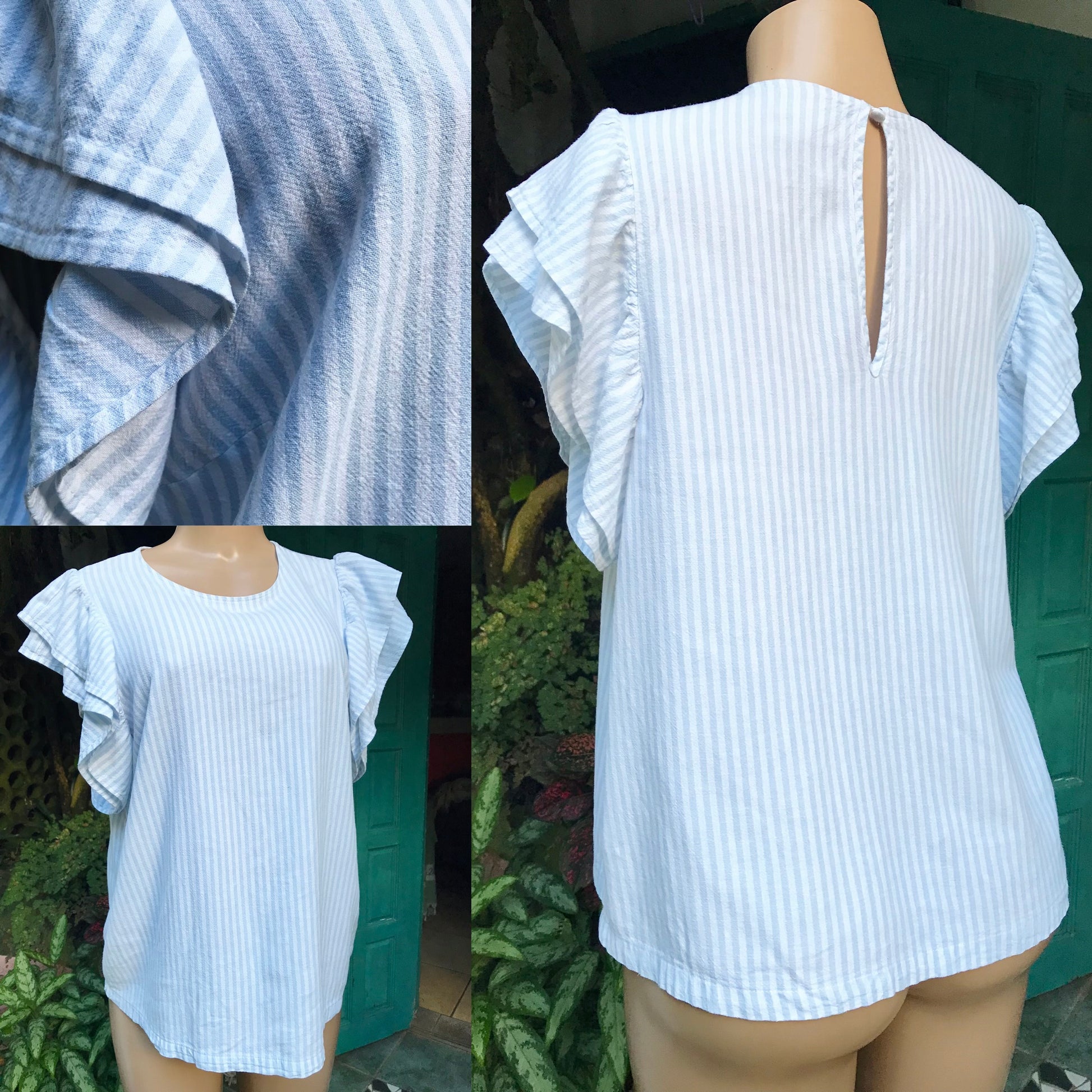 Blue Stripe organic Frill sleeve blouse professional... L