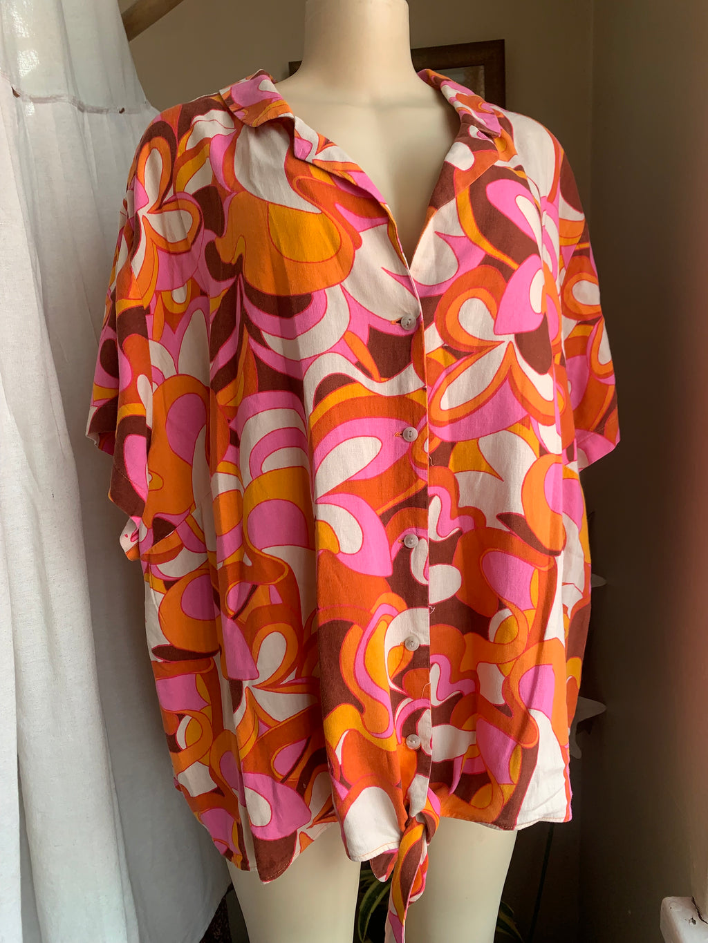 Retro print orange+pink organic button up blouse … (/xl) : 4x ,,,