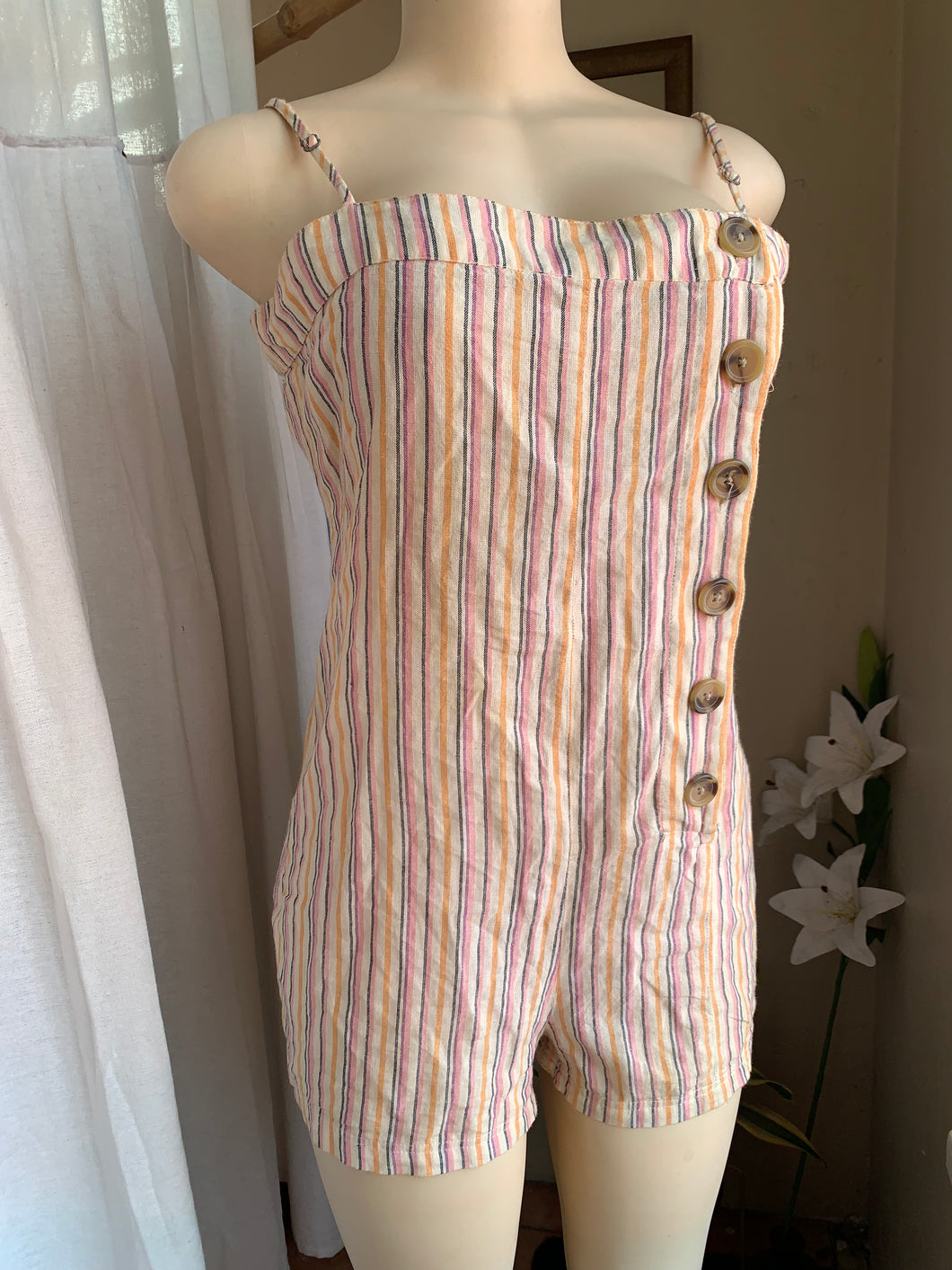 Cotton stripe romper with side buttons ~~~ s ,,,