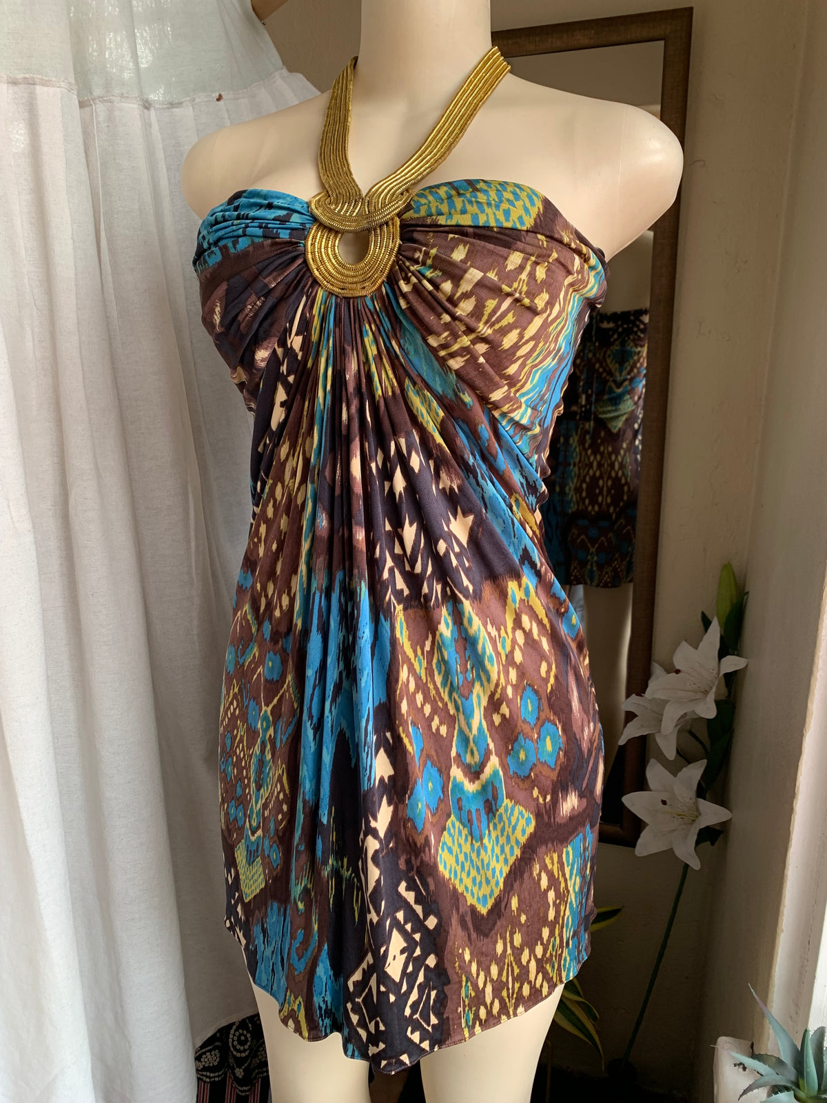 Gold metal detail halter mini dress or top M