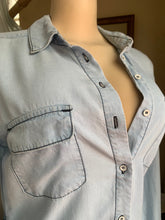 Load image into Gallery viewer, Denim shirt dress with contrast black stitching+vintage buttons ^^^ fits up to a small medium ,,,
