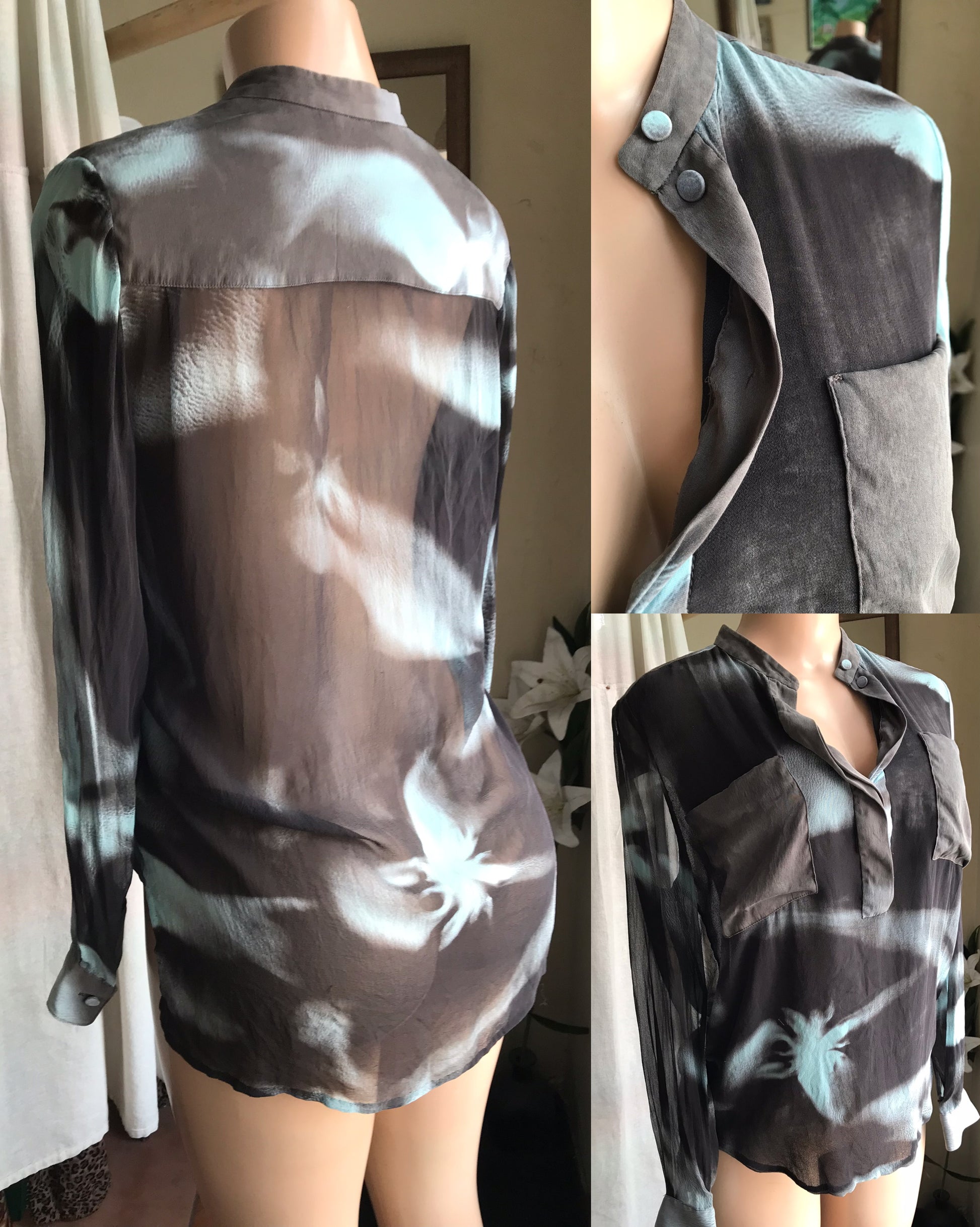100% silk button shirt blue black print ... s to m ,,,