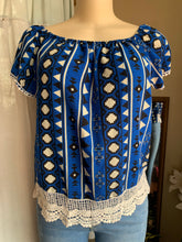 Load image into Gallery viewer, Blue tribal print off the shoulder blouse … s/M
