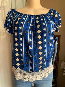 Blue tribal print off the shoulder blouse … s/M