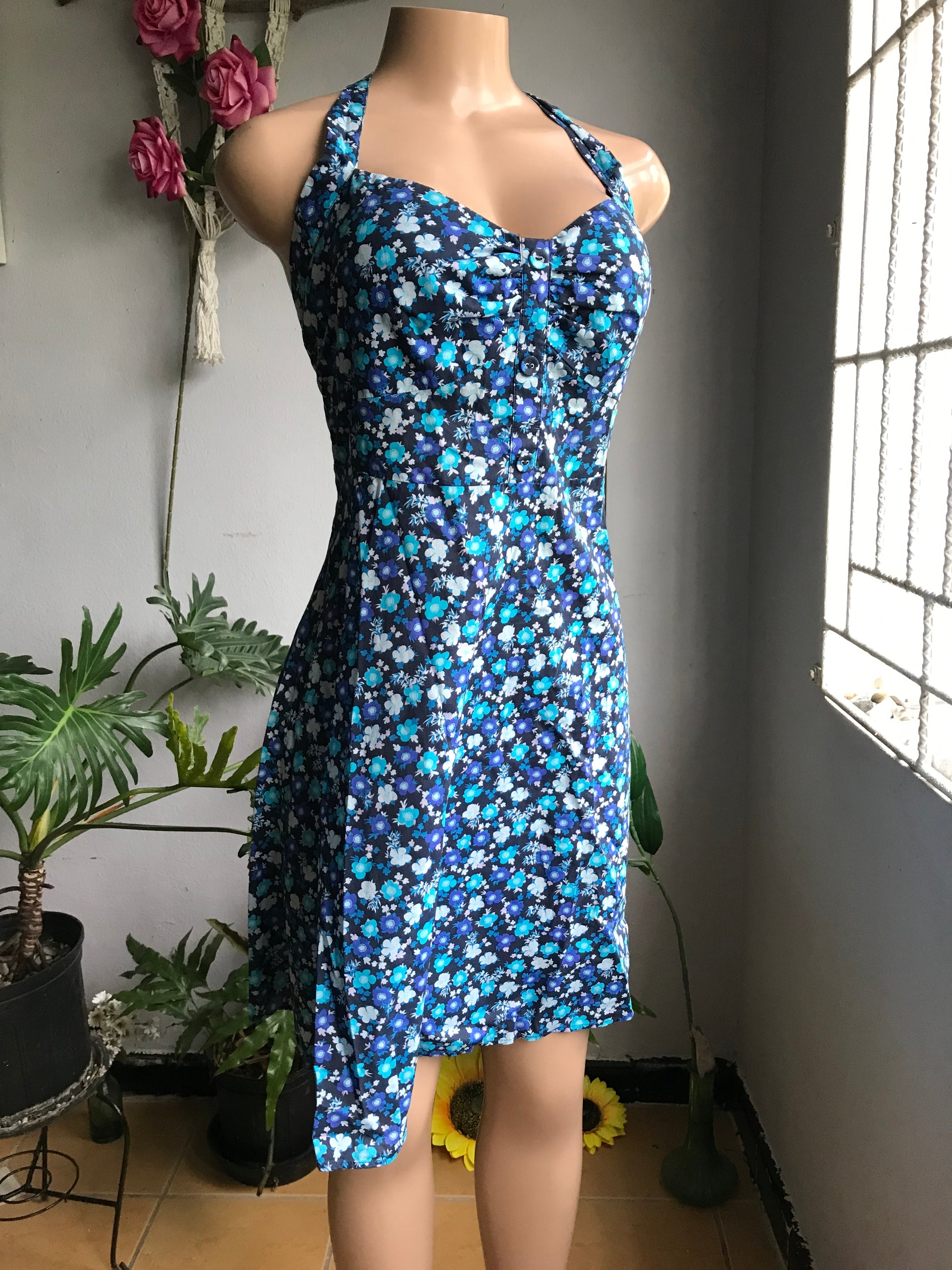 100% cotton light summer dress halter floral blue ,,, plus / XL