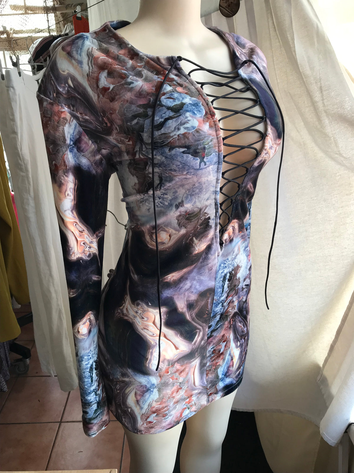 H&M outer space print velveteen lace up dress long sleeve . /XL
