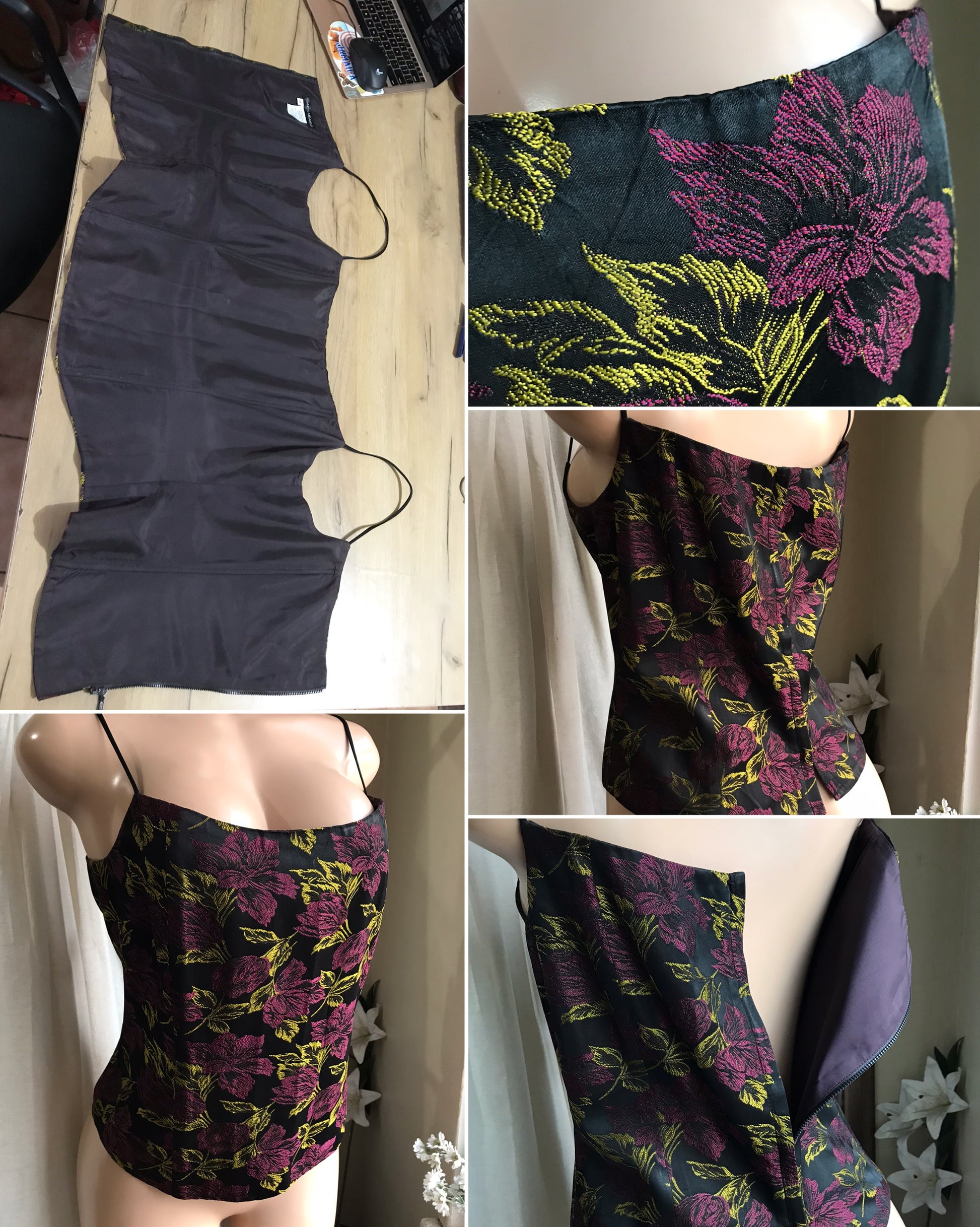 vintage black embroidery corset style top zip back ... w36  plus /XL