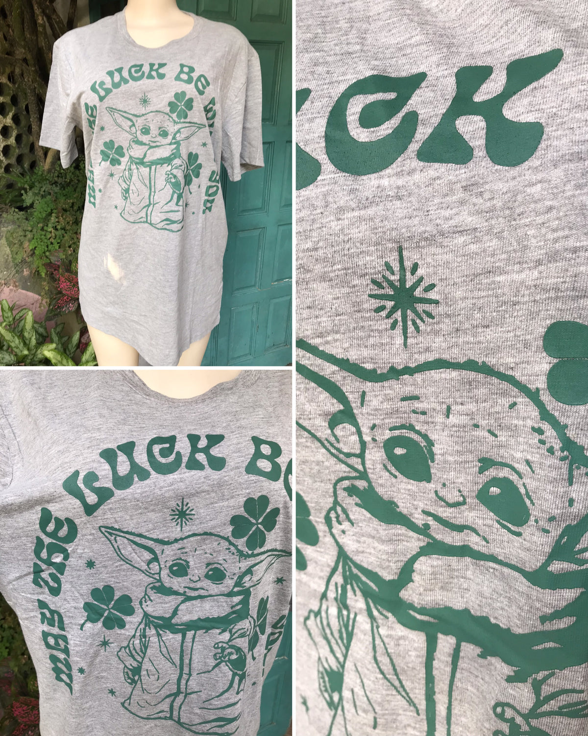 new Yoda grey graphic pop culture tee "may the luck be with you"  ;;; L ... cotton blend