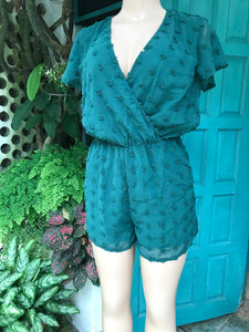 Green pom polka sheer romper pockets ~~~ Slll