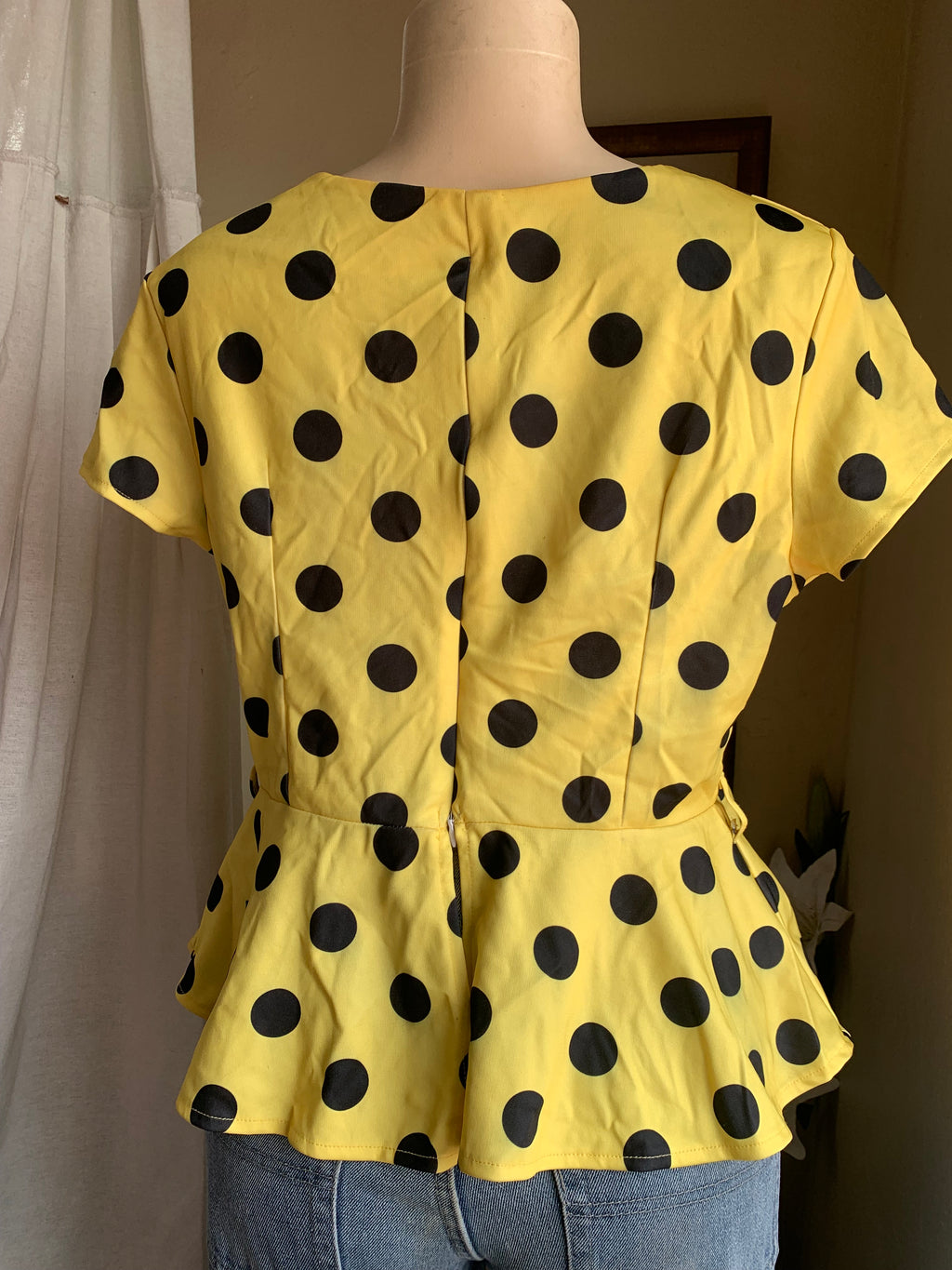 yellow black polka peplum blouse … /XL